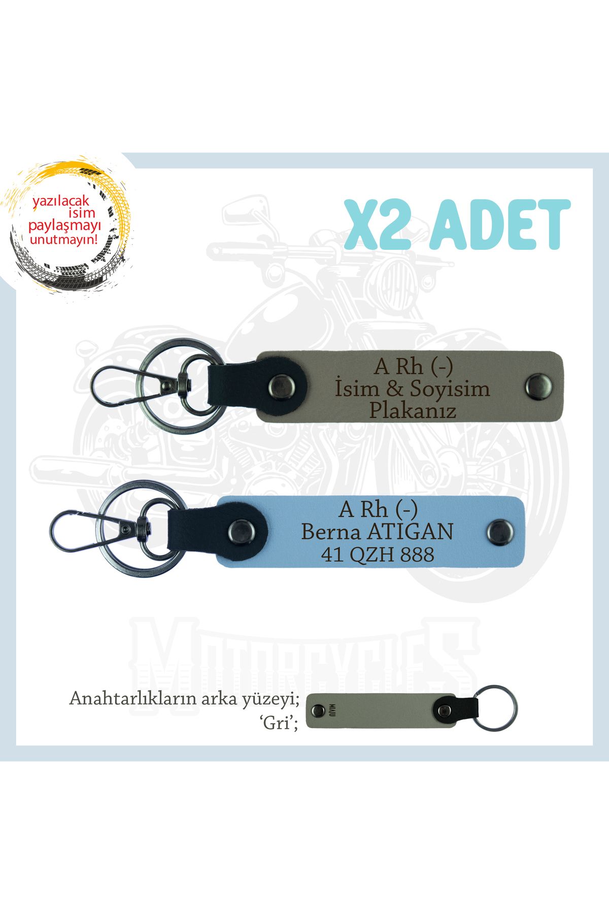 Miaju Motosiklet Aşıkları İçin, İsim Plaka ve A Rh (-) Kan Grubu Yazılı x2 Anahtarlık Set, Kül Gri-Mavi-Gr
