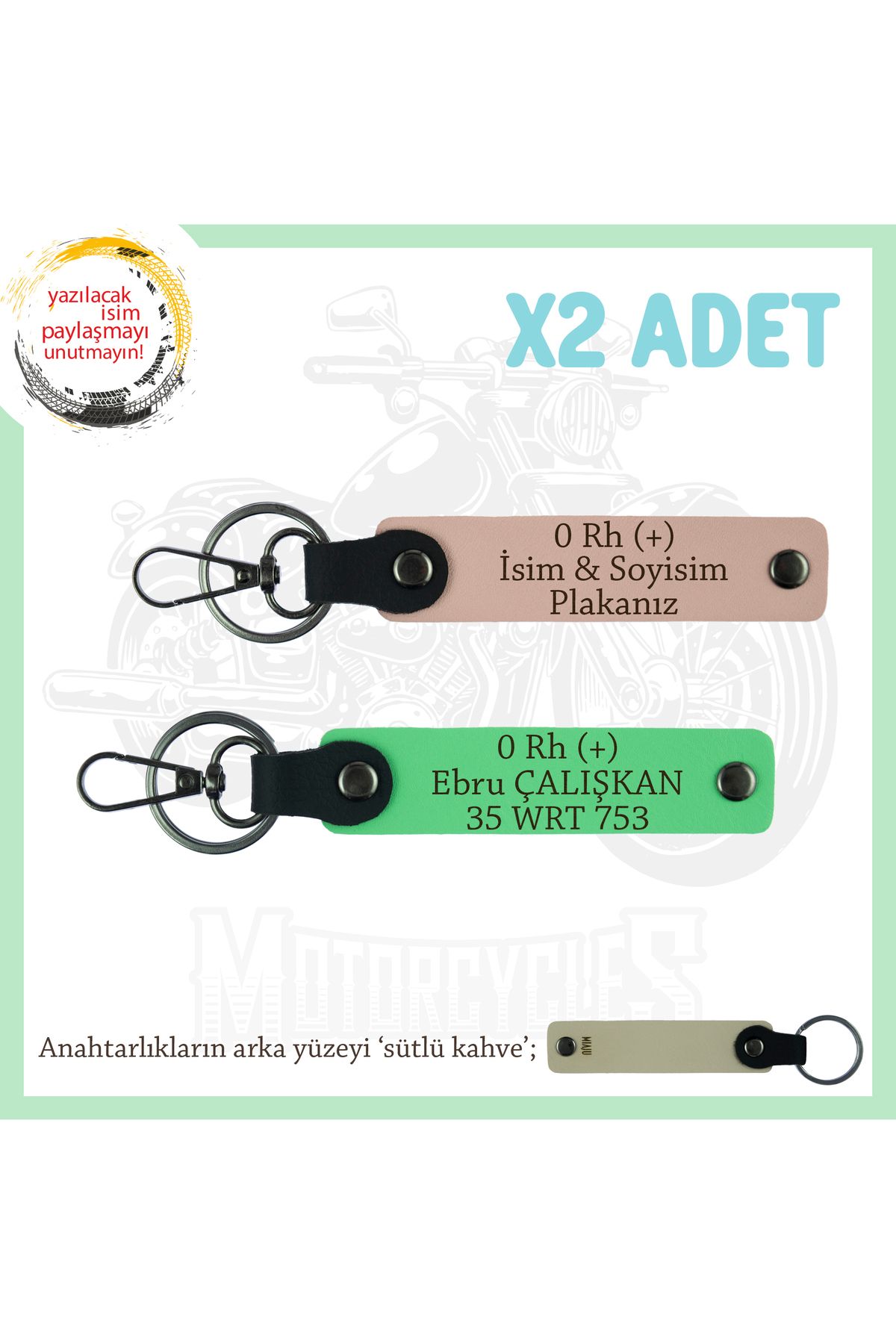 Miaju Motor Severlere Özel, İsim Plaka ve 0 Rh (+) Kan Grubu Yazılı x2 Anahtarlık, Yavruağzı-F Yeşil-SK