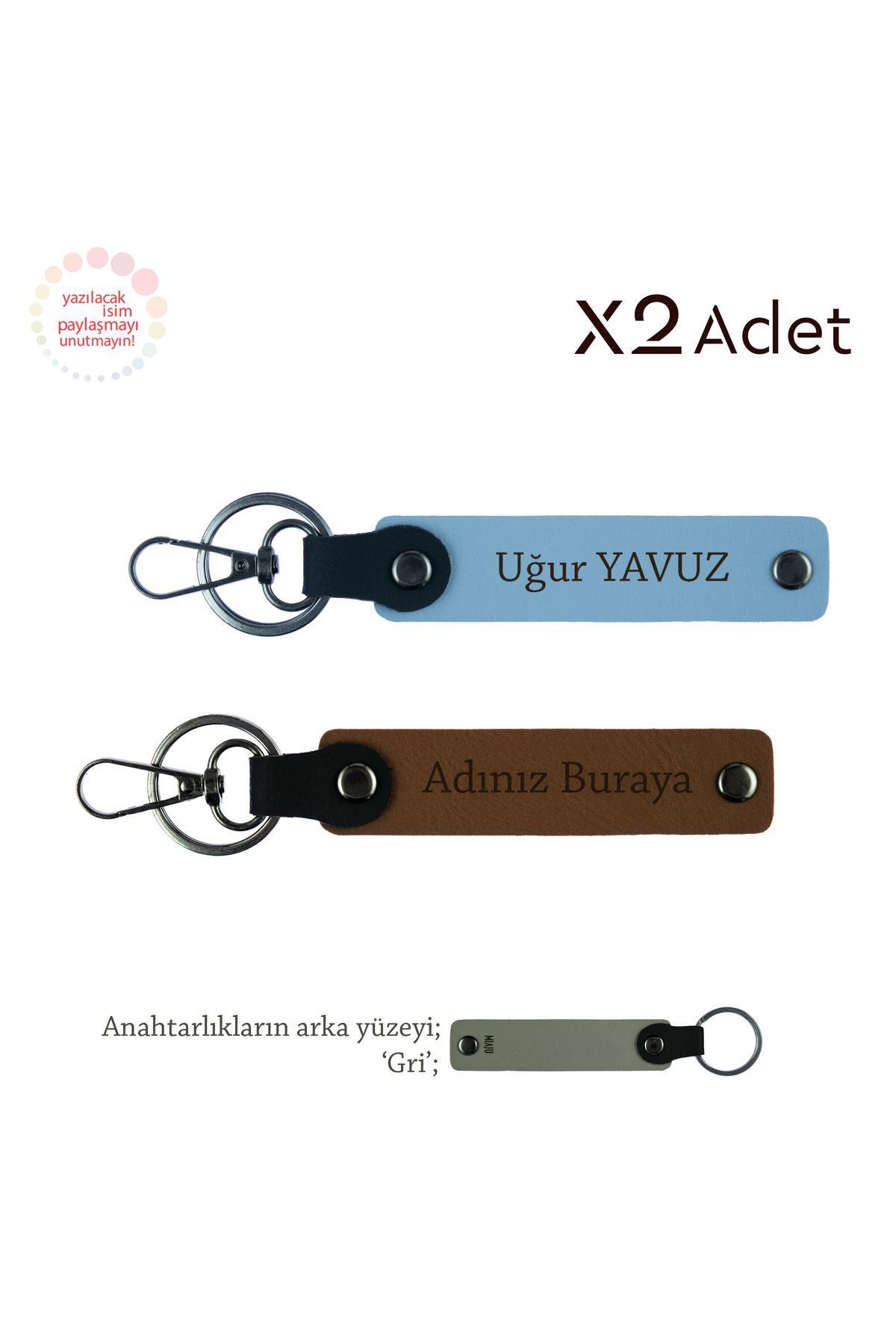 Miaju Doğum Gününe Özel Anı,Kişisel İsimli 2’li Anahtarlık Seti, Açık Kahve-Gök Mavi-Gri