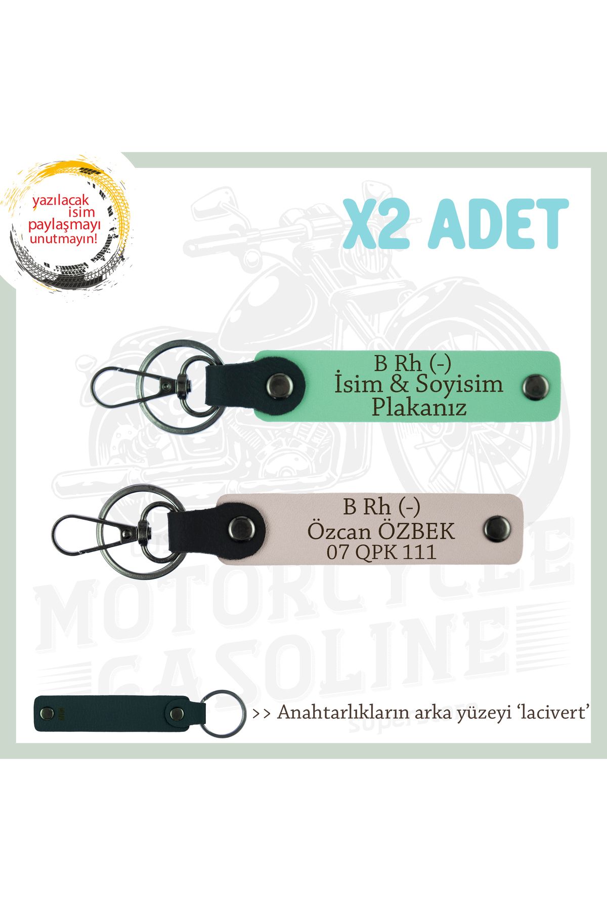 Miaju Sürücülere Özel, İsim Plaka ve B Rh (-) Kan Grubu Hediyelik x2' li Anahtarlık Set, Yeşil-Pudra-Laci