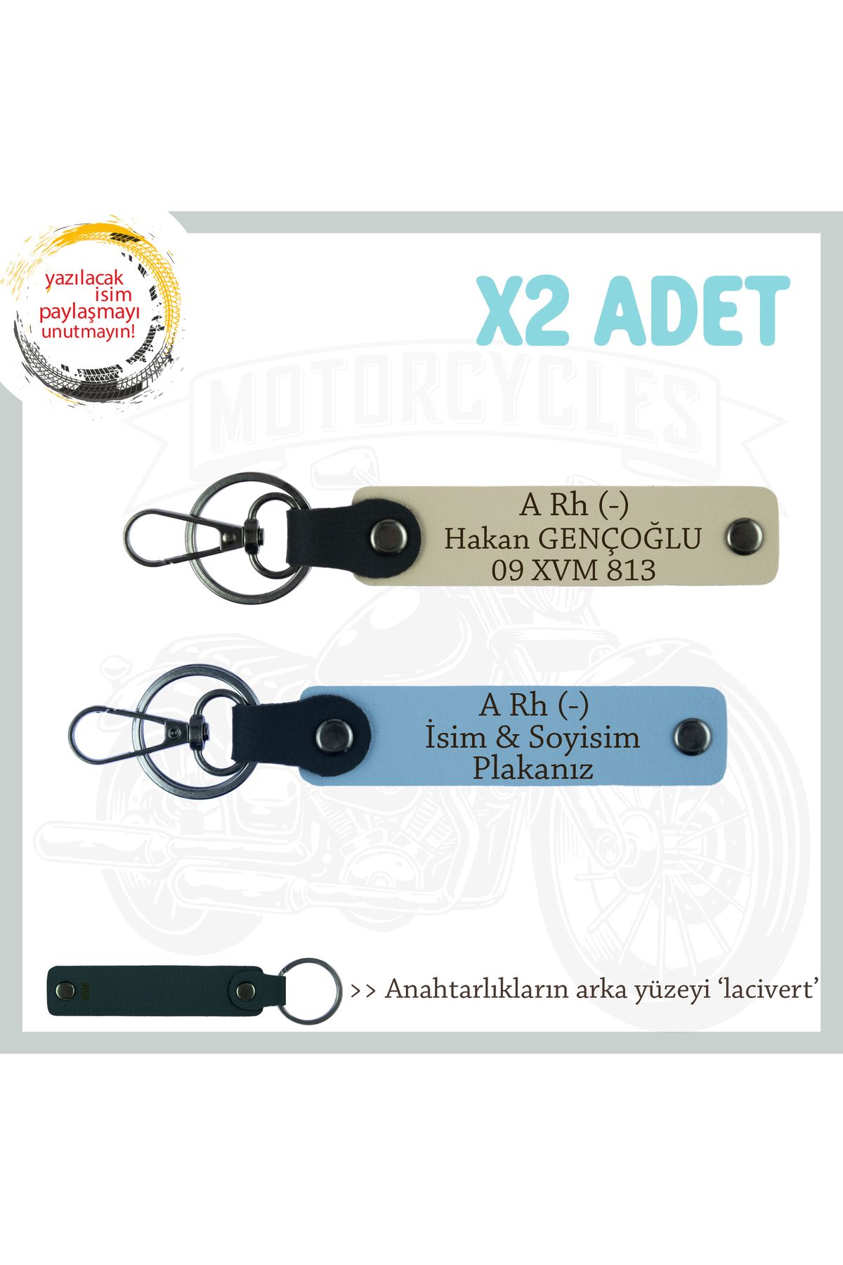 Miaju Tarz Motorcuya Hediye, İsim Plaka ve A Rh (-) Kan Grubu Yazılı 2'li Anahtarlık, Mavi-S Kahve-Laci