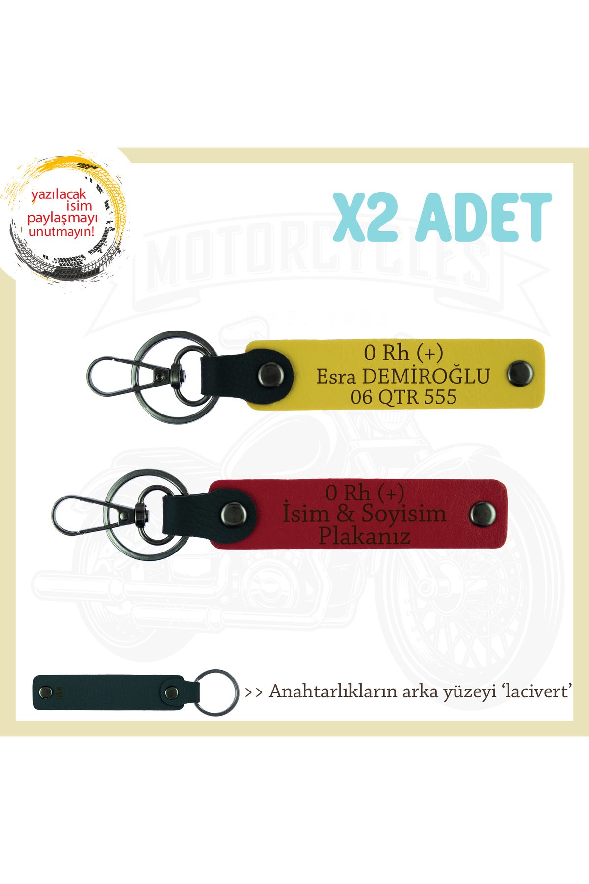Miaju Motor Severlere, İsim Plaka ve 0 Rh (+) Kan Grubu, Tasarım Hediye 2'li Anahtarlık, Kırmızı-Sarı-Laci