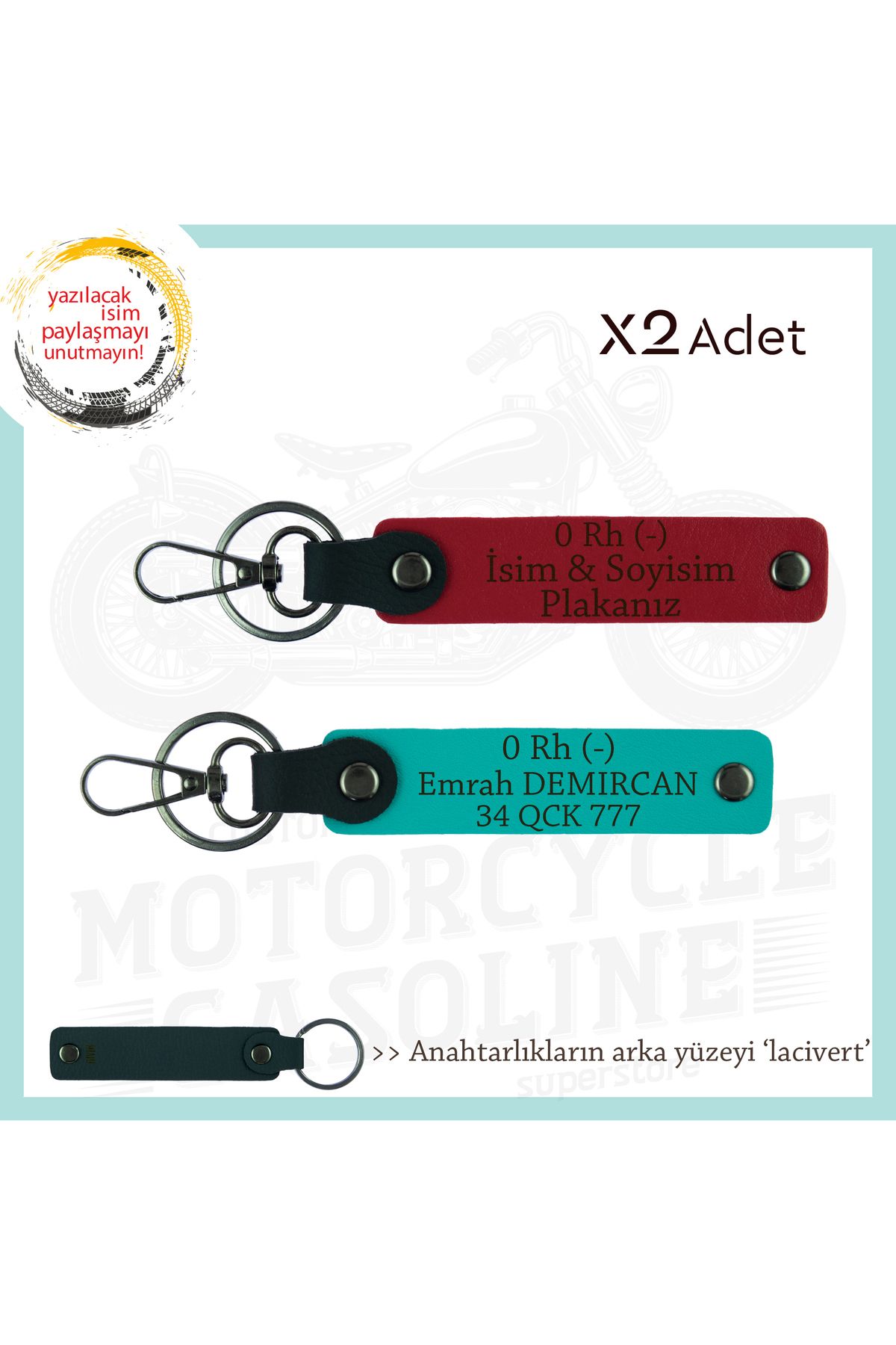 Miaju Motorcuya Tarz Hediye, İsim Plaka ve 0 Rh (-) Kan Grubu, 2'li Anahtarlık Set, Kırmızı-K Turkuaz-Laci