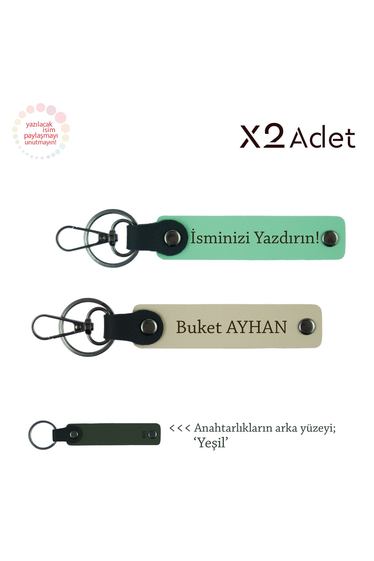 Miaju Komşuya Yılbaşı Sürprizi, İsimli & Soyisimli 2’li Anahtarlık Hediye Takımı, Yeşil-Sütlü Kahve-Yeşil