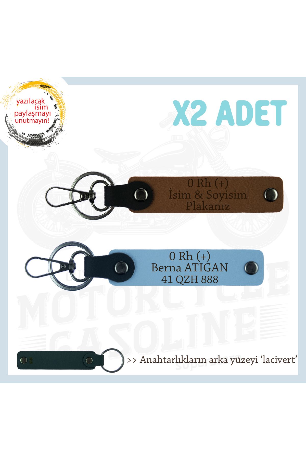 Miaju Güvenli Sürüş İçin, İsim Plaka ve 0 Rh (+) Kan Grubu Yazılı Motorcu Anahtarlığı 2li, Kahve-Mavi-Laci