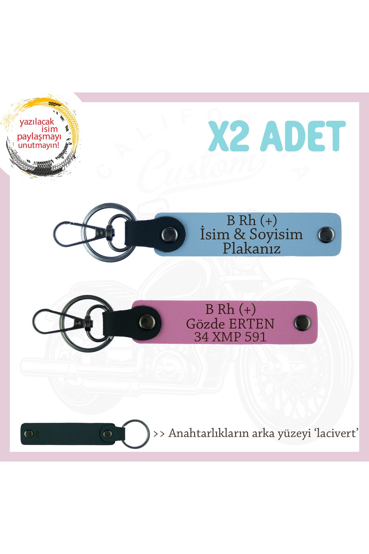 Miaju Hız Tutkunlarına, İsim Plaka ve B Rh (+) Kan Grubu Yazılı x2 Anahtarlık, Hediyelik, Mavi-Pembe-Laci