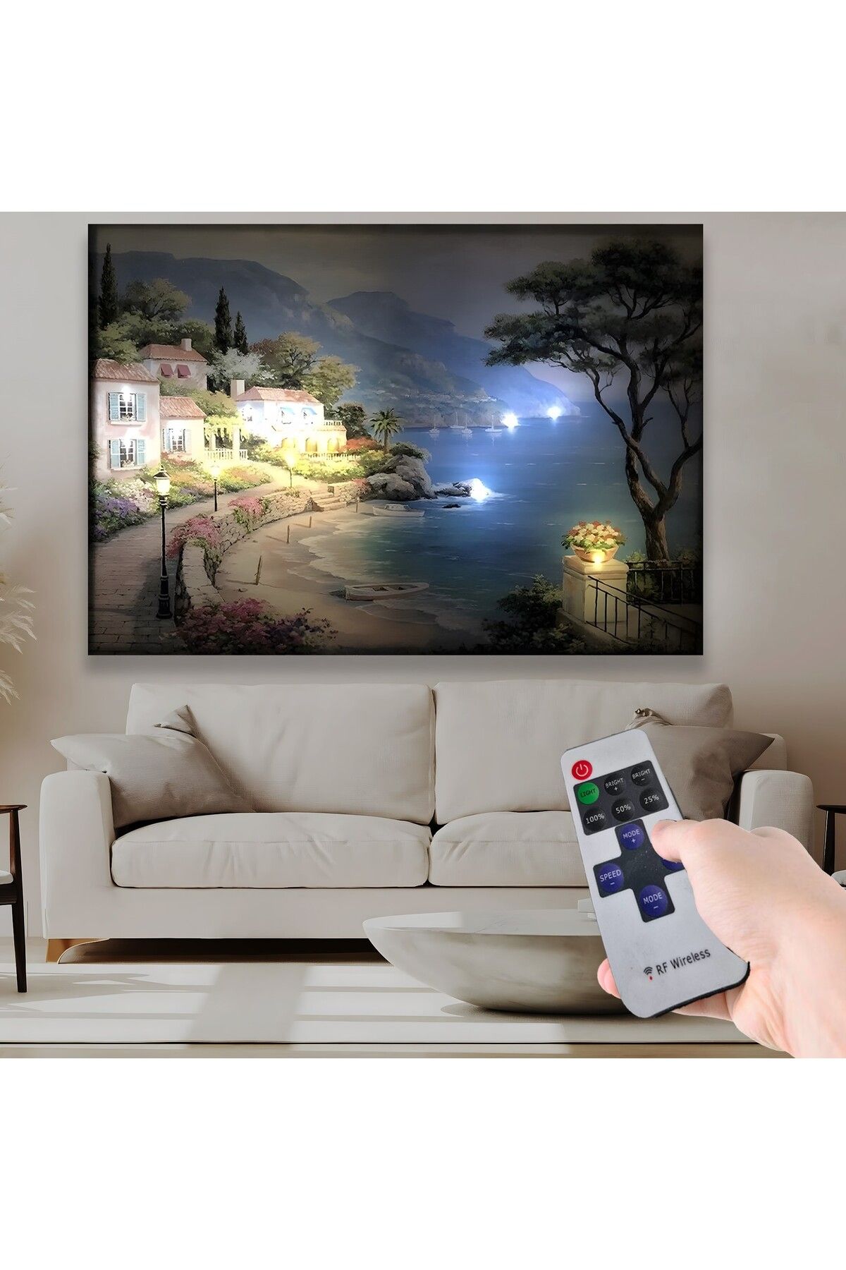 EMYA HOME Led Işıklı Uzaktan Kumandalı Sahil Evleri Kanvas Tablo