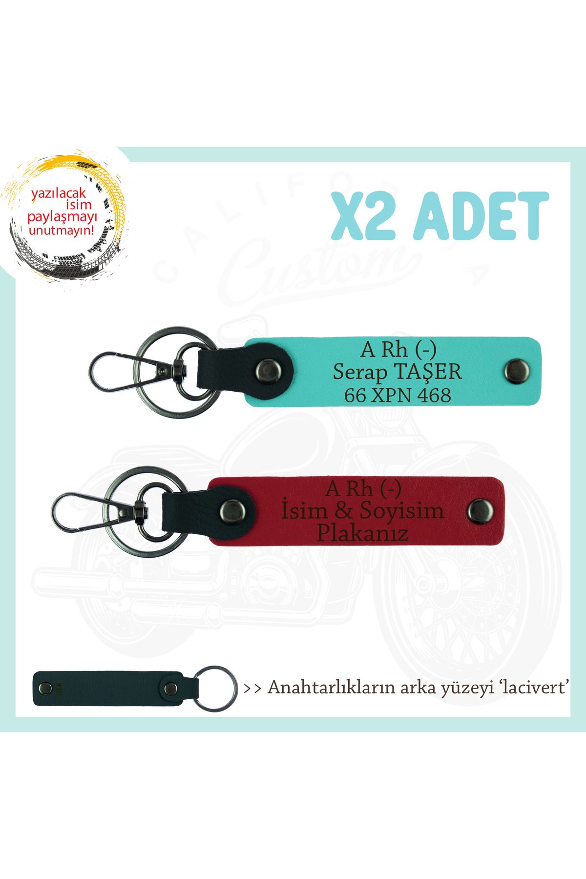 Miaju Hız Aşıkları İçin, İsim Plaka ve A Rh (-) Kan Grubu, x2 Anahtarlık Armağan Set, Kırmızı-Turkuaz-Laci