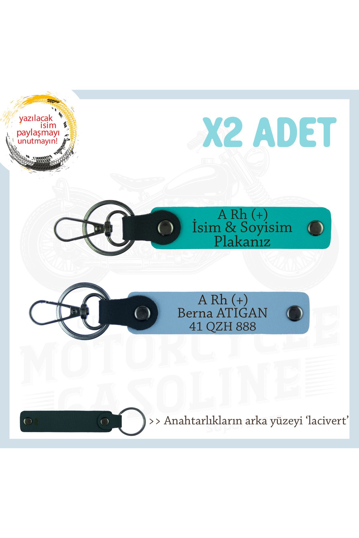Miaju Sürücülere İsim Plaka ve A Rh (+) Kan Grubu Yazılı Kişiselleşmiş x2 Anahtarlık, K Turkuaz-Mavi-Laci