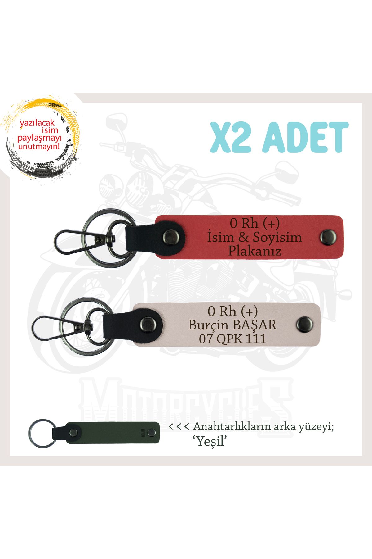 Miaju Motor Tutkunlarına Özel, İsim Plaka ve 0 Rh (+) Kan Grubu Yazılı x2 Anahtarlık, Nar Çiçeği-Pudra-Ysl