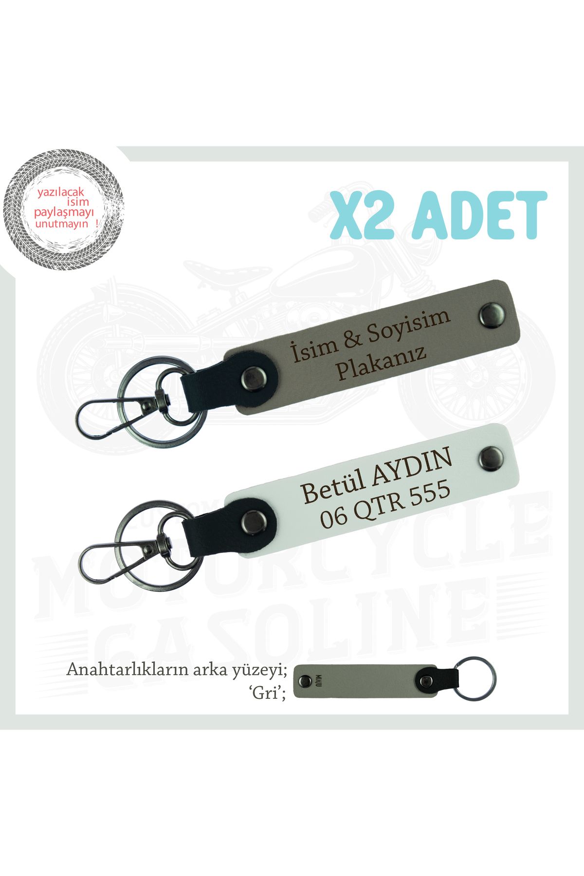 Miaju Eşinize Çok Özel Hediye, İsim Ve Plaka Yazılabilen Araç Anahtarlıkları x2'li Set, Kül Gri-Beyaz-Gr