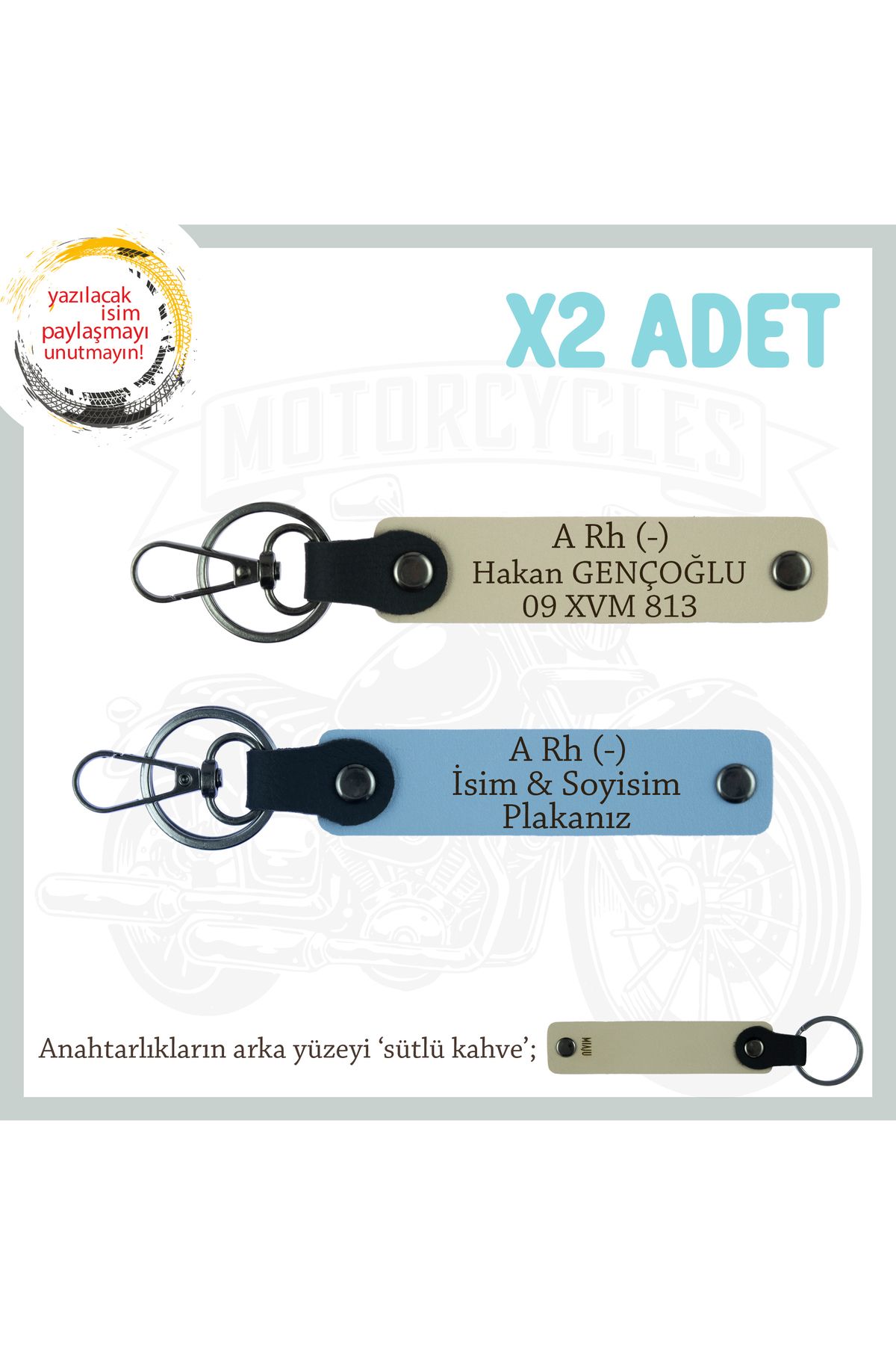 Miaju Motorcycle Rider, İsim Plaka ve A Rh (-) Kan Grubu Yazılı 2li Set Anahtarlık Hediye, Mavi-S Kahve-SK