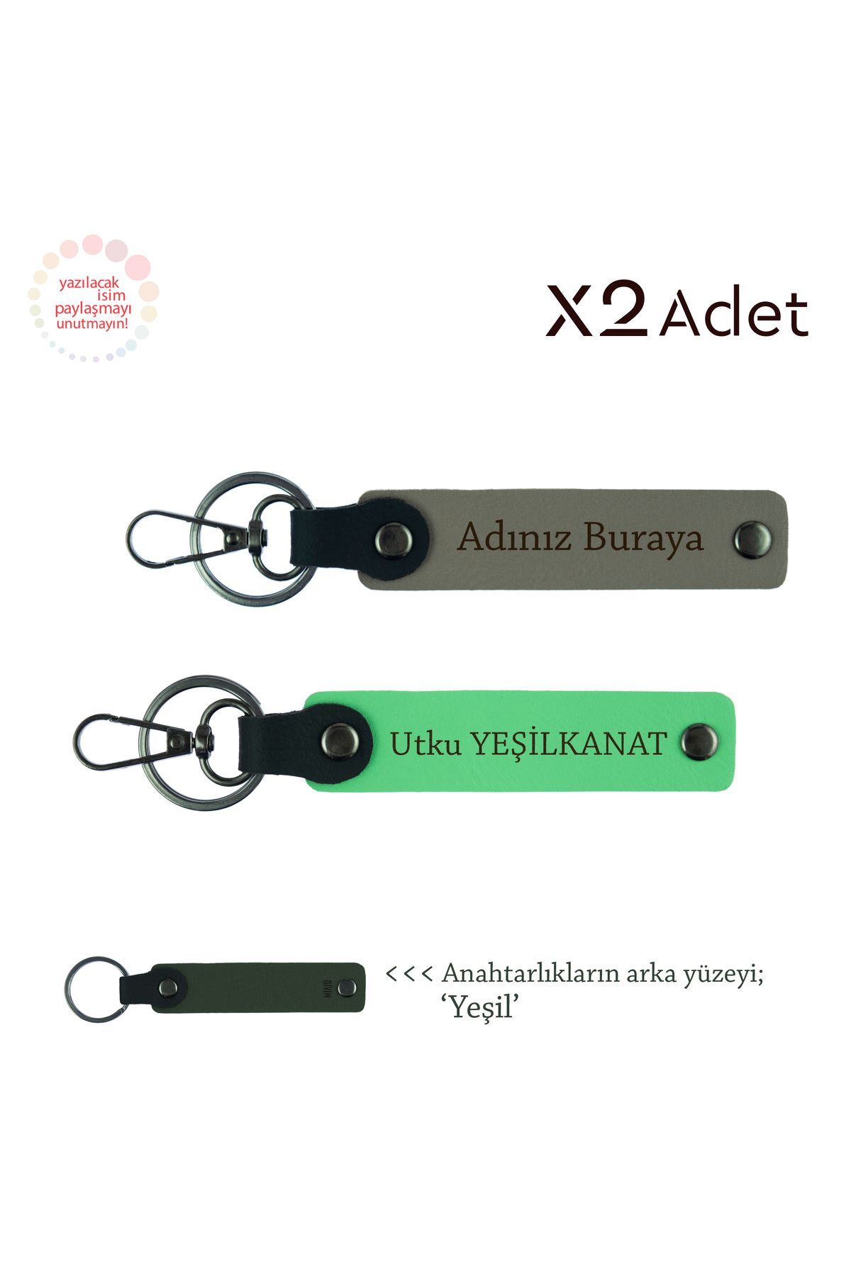 Miaju Teyzeye Yılbaşı Sürprizi, İsim & Soyisim Kişiselleştirilmiş 2’li Anahtarlık, Gri-Fıstık Yeşil-Yeşil