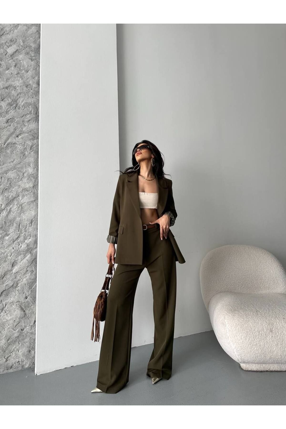 Castivo Fashion oversize Ceketli Kemerli Takım Kadın Pantolon Ceket Takım