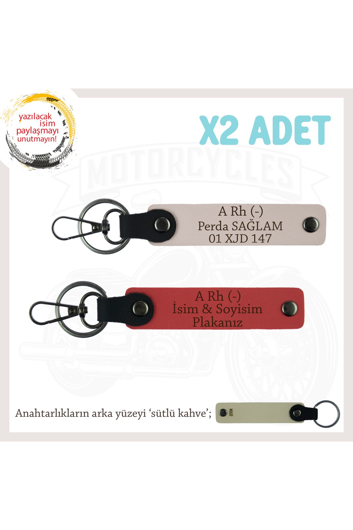 Miaju Motor Tutkunlarına Özel, İsim Plaka ve A Rh (-) Kan Grubu Yazılı x2 Anahtarlık, Nar Çiçeği-Pudra-SK