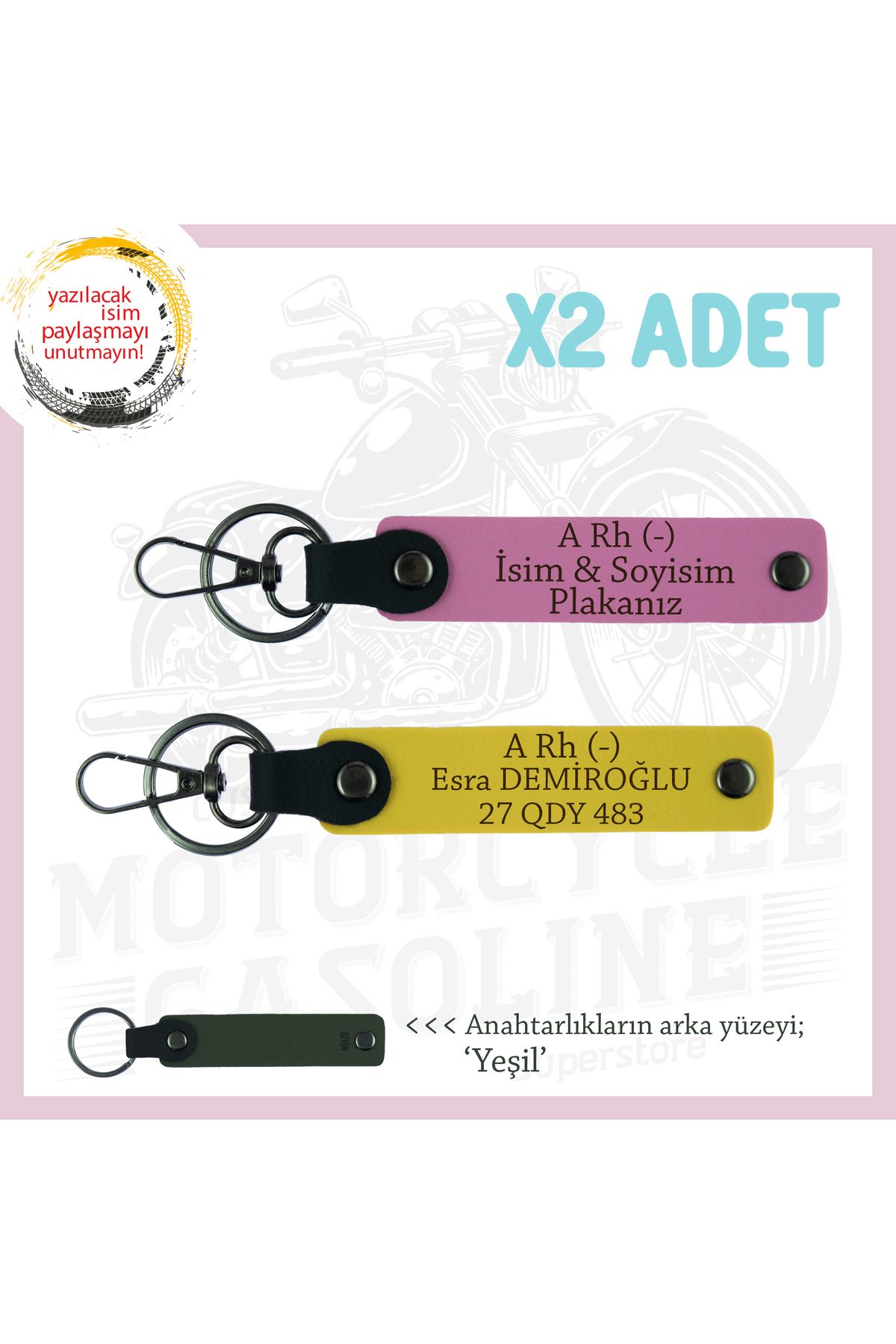 Miaju Motosiklet Severlere Özel, İsim Plaka ve A Rh (-) Kan Grubu Acil Durum x2 Anahtarlık, Sarı-Pembe-Ysl
