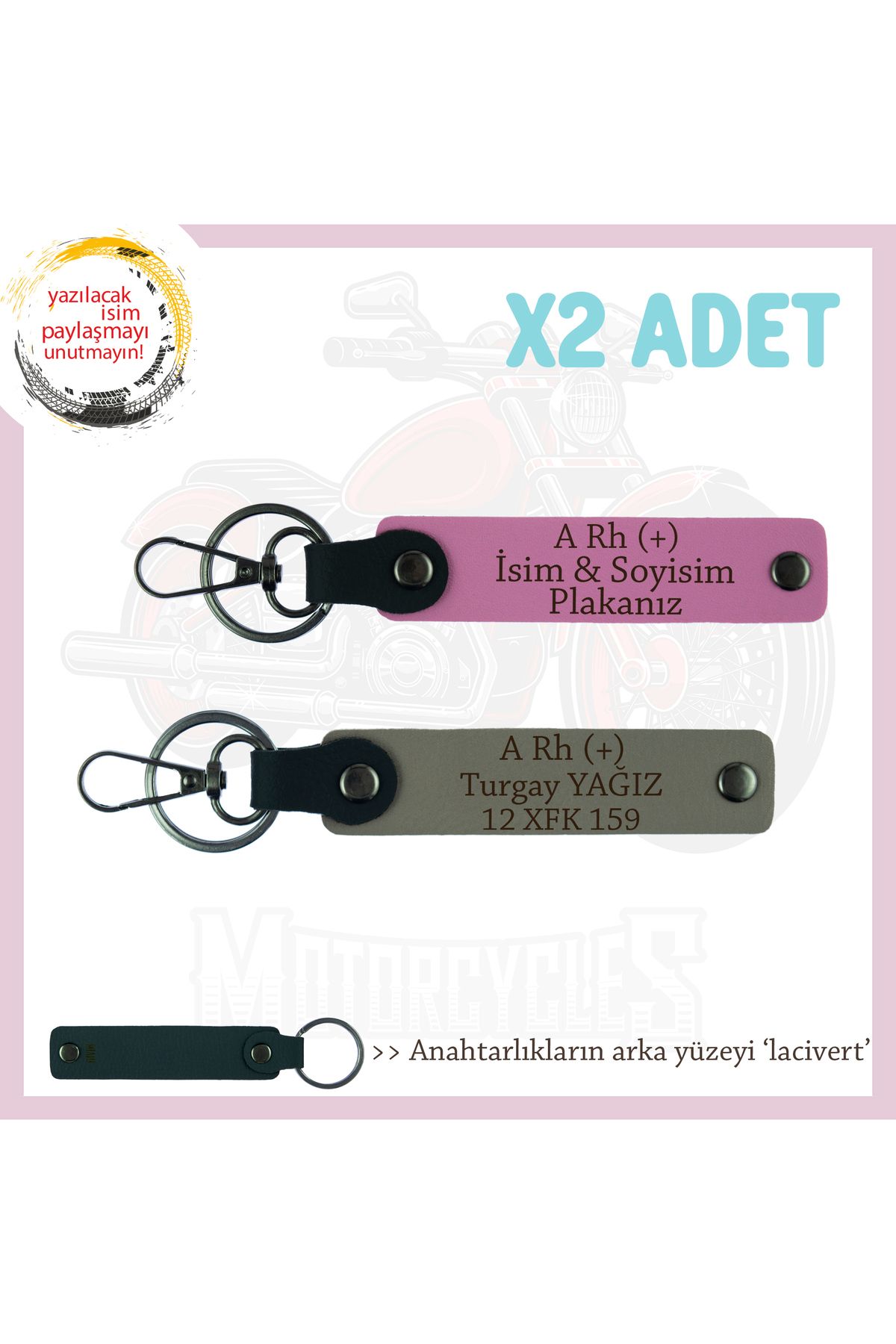 Miaju Motorcu Yolculara Özel, İsim Plaka ve A Rh (+) Kan Grubu Yazılı x2 Anahtarlık, Kül Gri-Pembe-Laci