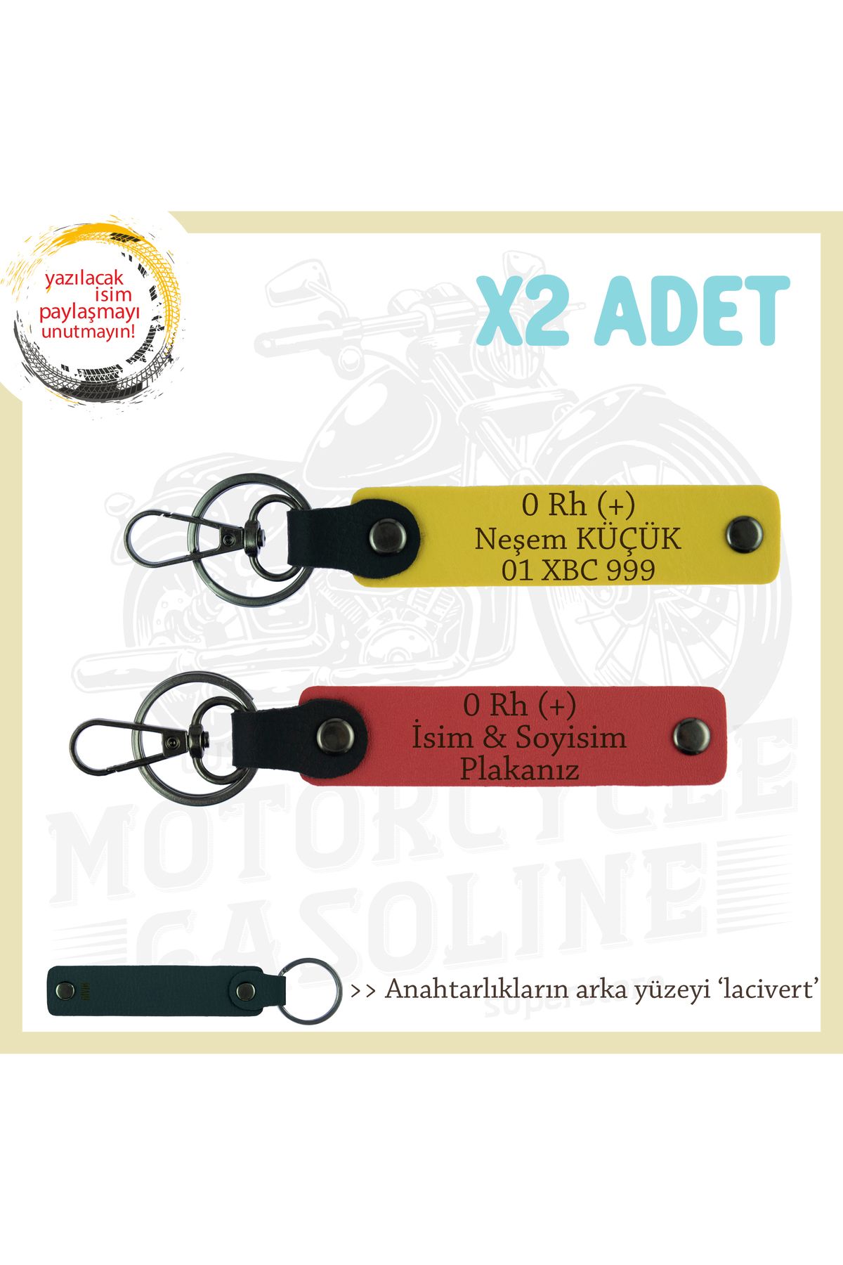 Miaju Tüm Sürücülere, İsim Plaka ve 0 Rh (+) Kan Grubu Yazılı x2' li Set Anahtarlık, Nar Çiçeği-Sarı-Laci