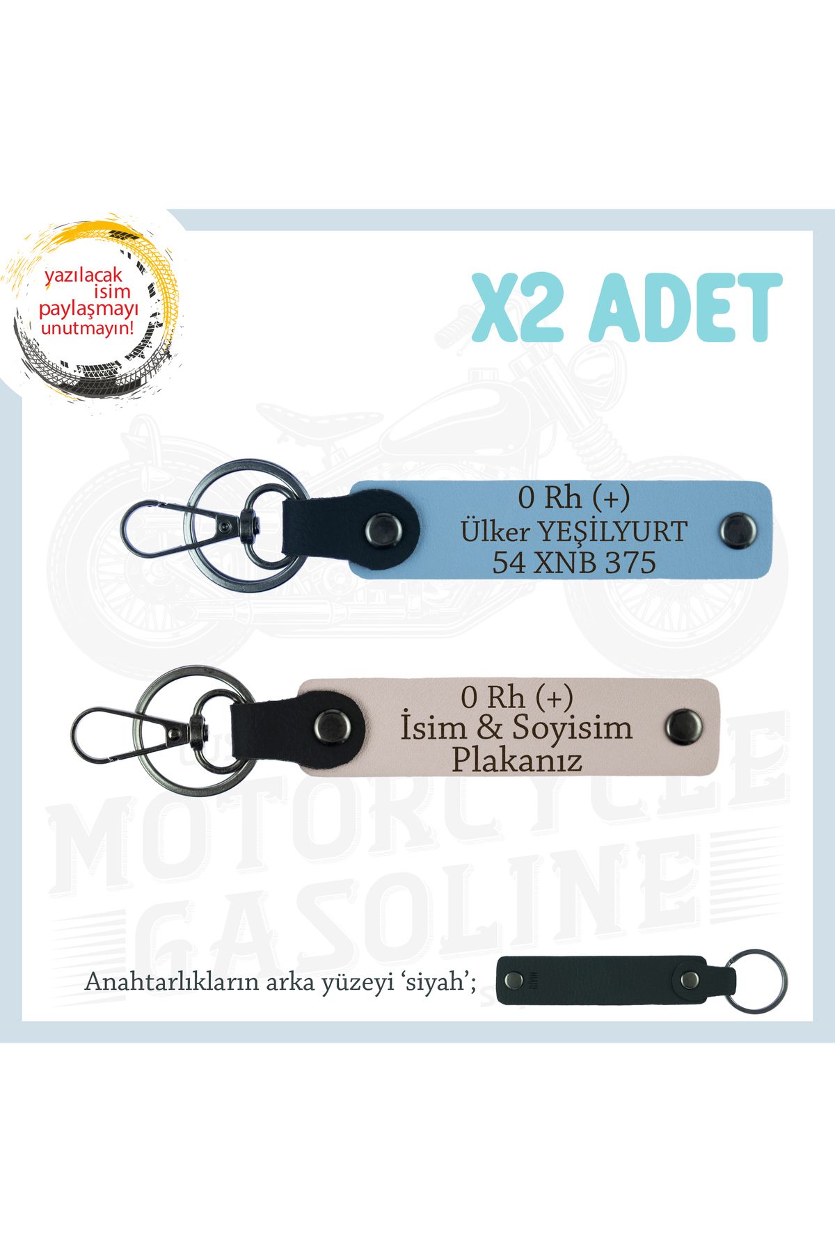 Miaju Motorcu Tarzına Özel İsim Plaka ve 0 Rh (+) Kan Grubu Yazılı Hediyelik x2 Anahtarlık, Pudra-Mavi-Syh