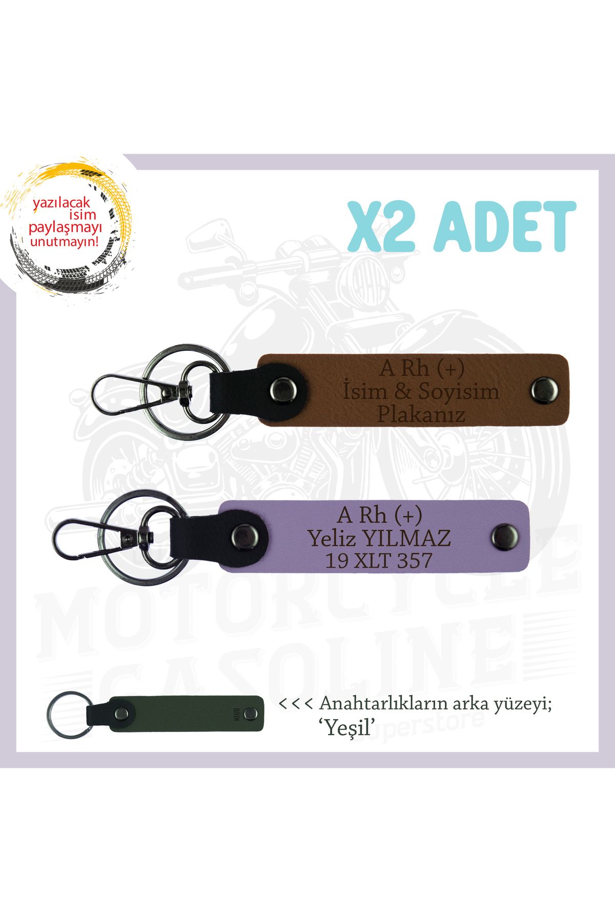 Miaju Motorcu Dostlara, İsim Plaka ve A Rh (+) Kan Grubu Yazılı Özel x2' li Set Anahtarlık, Kahve-Mor-Ysl