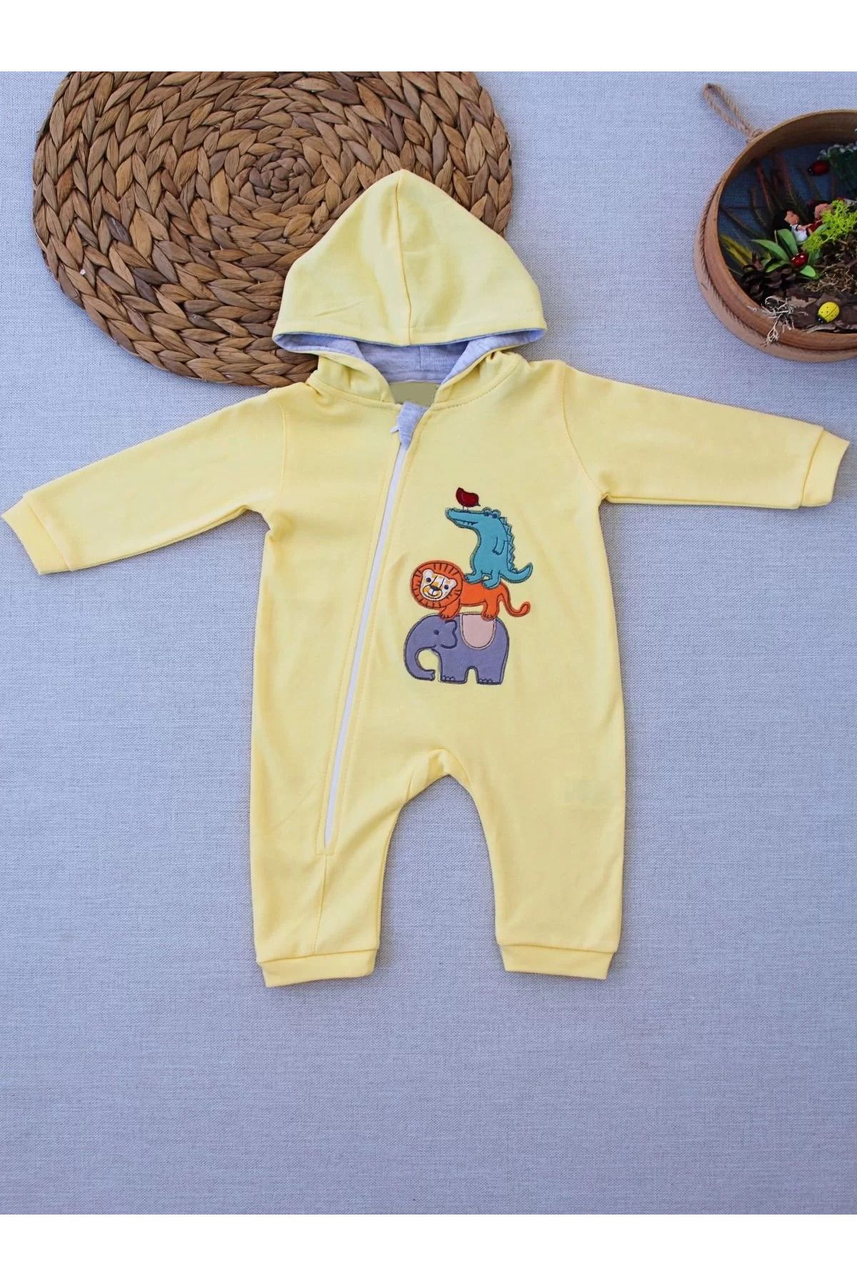onlinebutik Ef Çizgi Boy Fermuarlı Hvanlar Alemi Nakışlı Kapşonlu Kız Erkek Bebek Tulumu Sarı