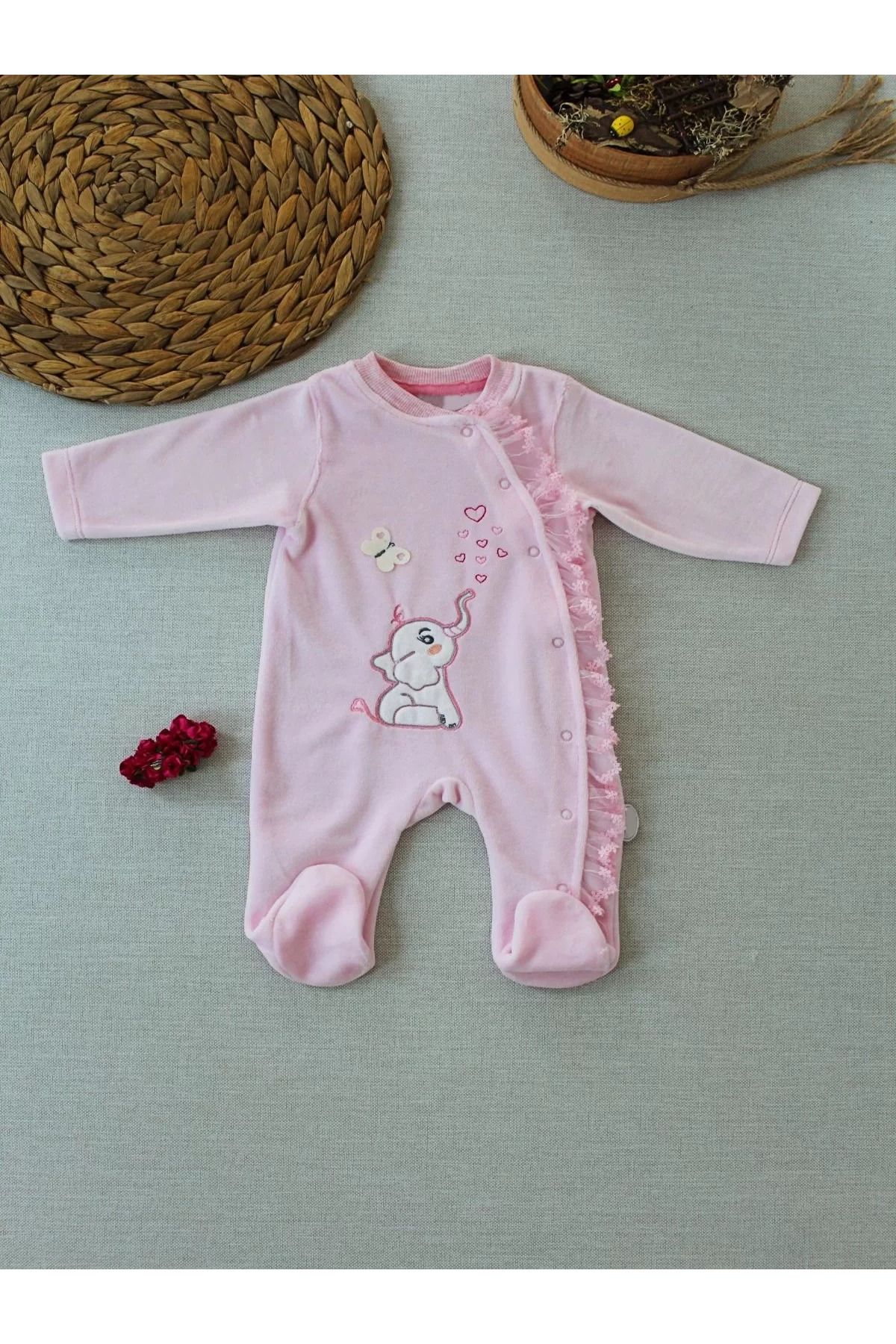 onlinebutik Romantik Fil Nakışlı Pembe Süslü Kız Bebek Tulumu Pembe