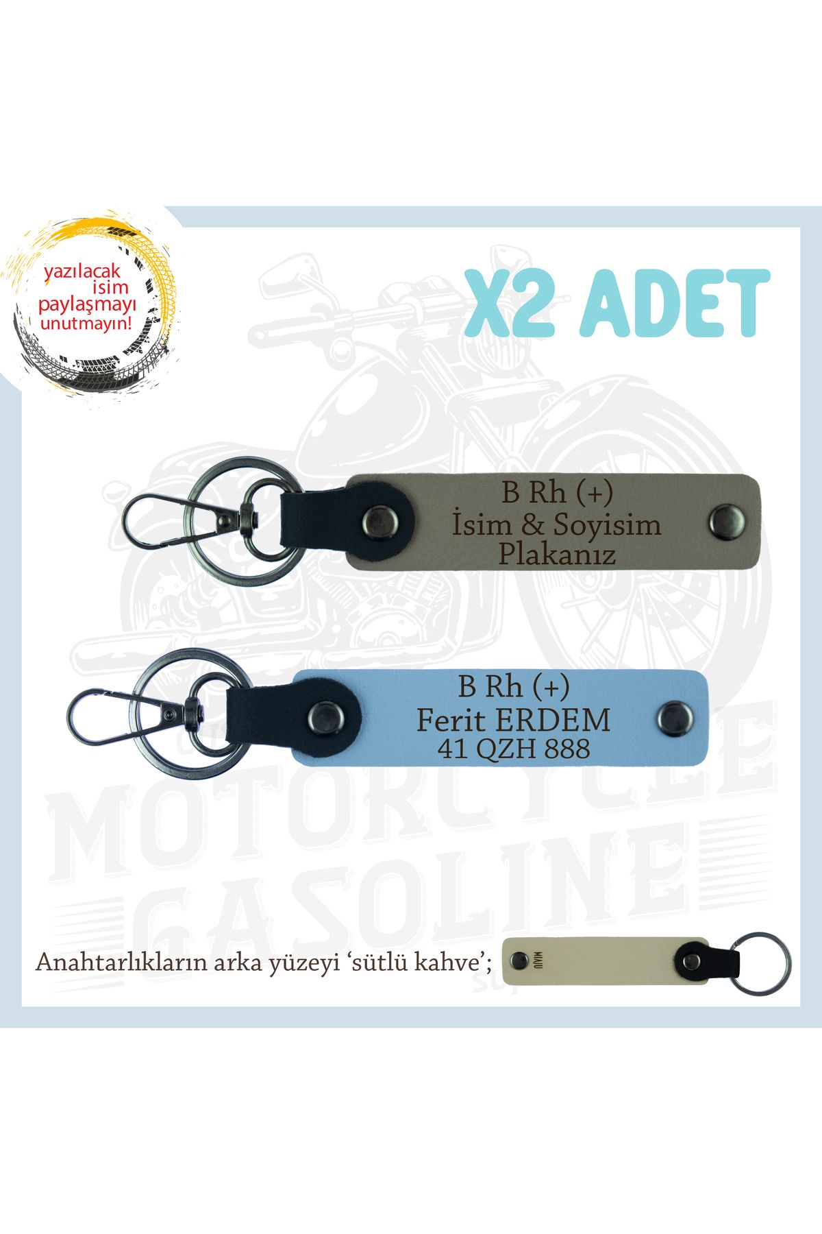 Miaju Motosiklet Aşıkları İçin, İsim Plaka ve B Rh (+) Kan Grubu Yazılı x2 Anahtarlık Set, Kül Gri-Mavi-SK