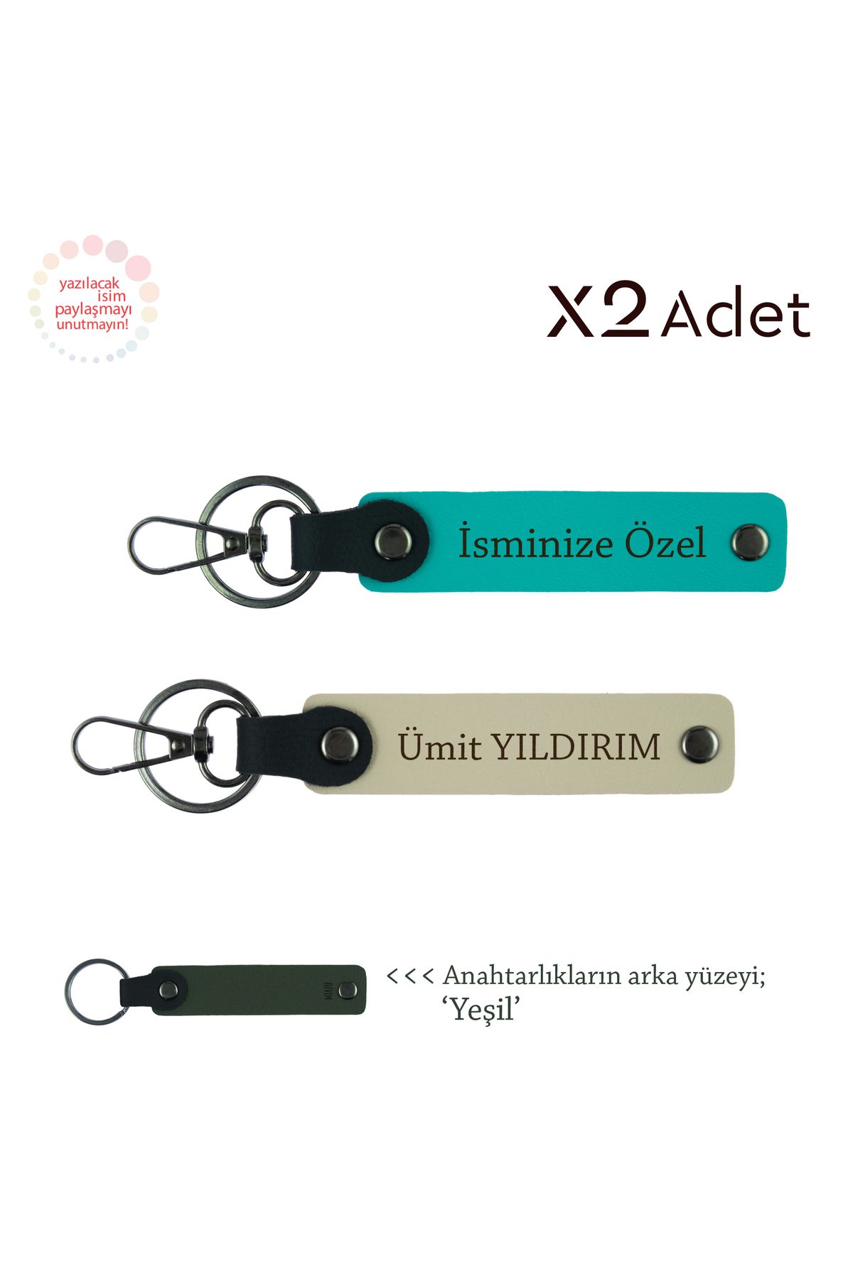 Miaju Babalar Gününe Manevi Hediye, İsim & Soyisim Yazılı 2’li Anahtarlık Seti, Koyu Turkuaz-S Kahve-Yeşil