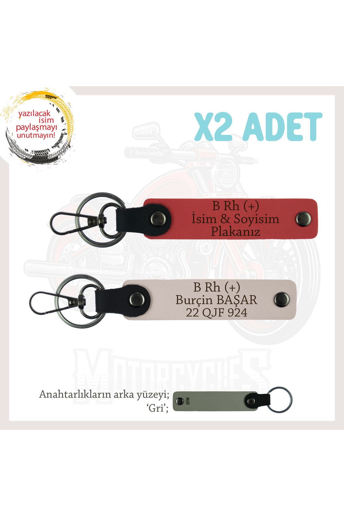 Miaju Motor Tutkunlarına Özel, İsim Plaka ve B Rh (+) Kan Grubu Yazılı x2 Anahtarlık, Nar Çiçeği-Pudra-Gr