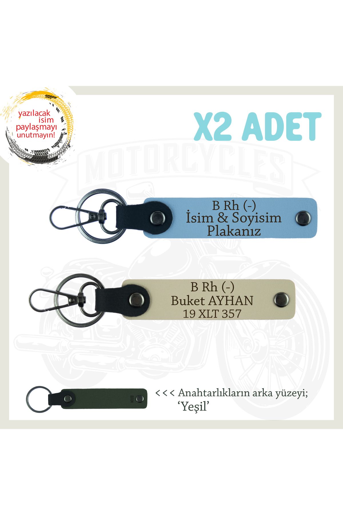 Miaju Motorcu Tarzına Uygun İsim Plaka ve B Rh (-) Kan Grubu Yazılı x2 Anahtarlık , Mavi-S Kahve-Ysl
