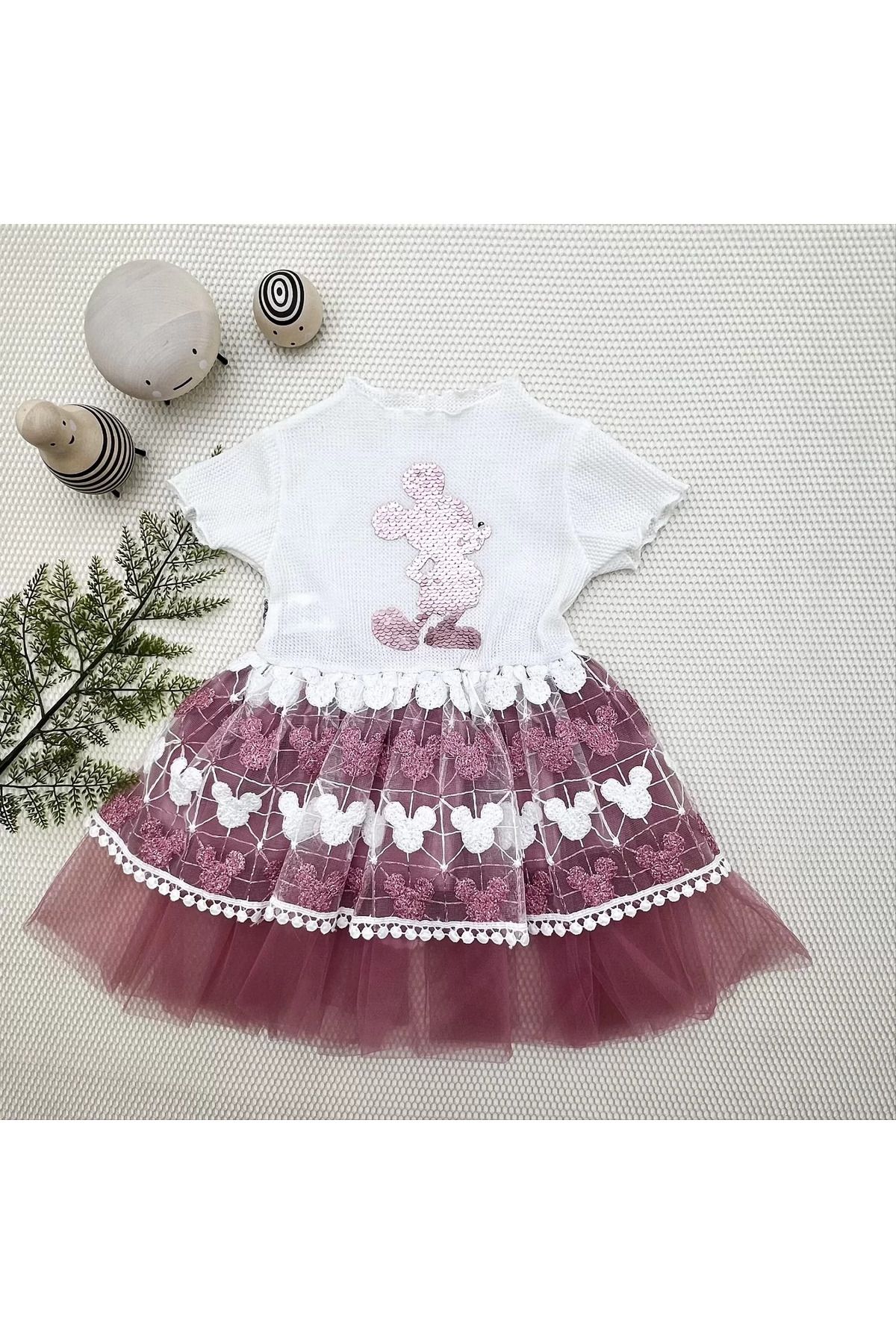 onlinebutik Petli Mickey Baskılı Brode Etekli Kız Bebek Elbisesi Rose