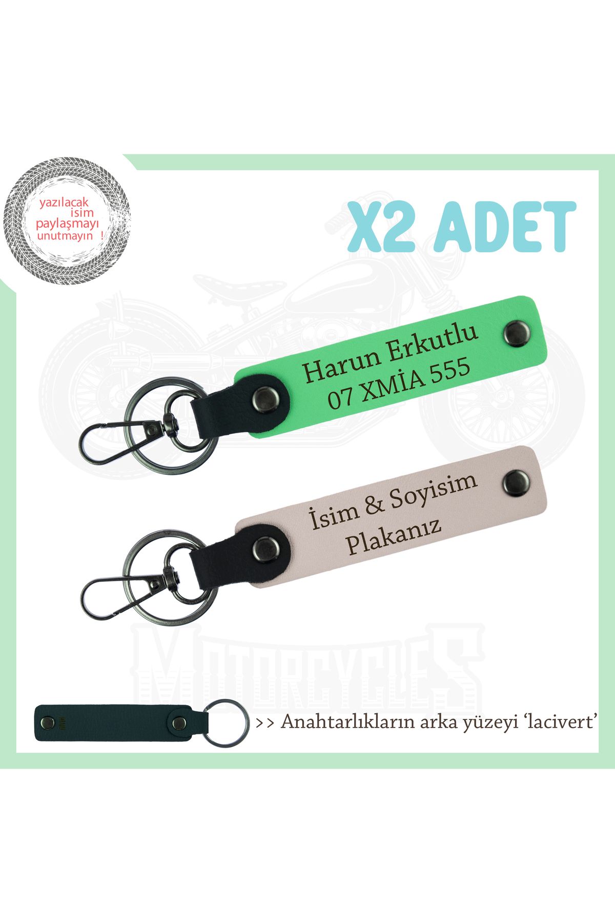 Miaju Motor Stiline Uygun, Kişiye Özel Deri 2’li Anahtarlık, Plaka ve İsim Yazılı, Pudra-F Yeşil-Laci