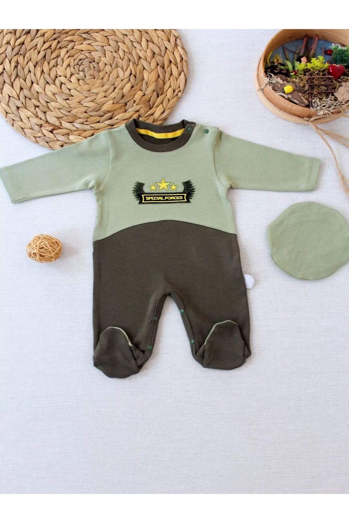onlinebutik Özel Kuvvetler Nakışlı Bere Şapkalı Kız Erkek Bebek Tulumu Yeşil