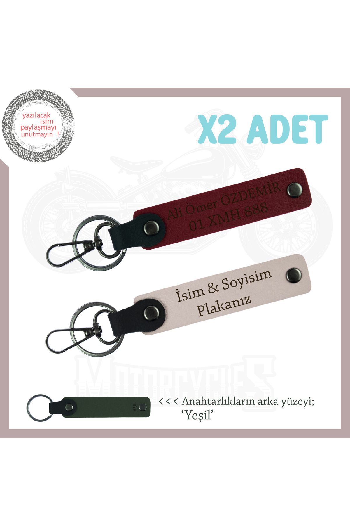 Miaju Kurye ve Motorculara Uygun İsim ve Plaka Yazılı 2’li Deri Anahtarlık Hediye, Pudra-Bordo-Ysl