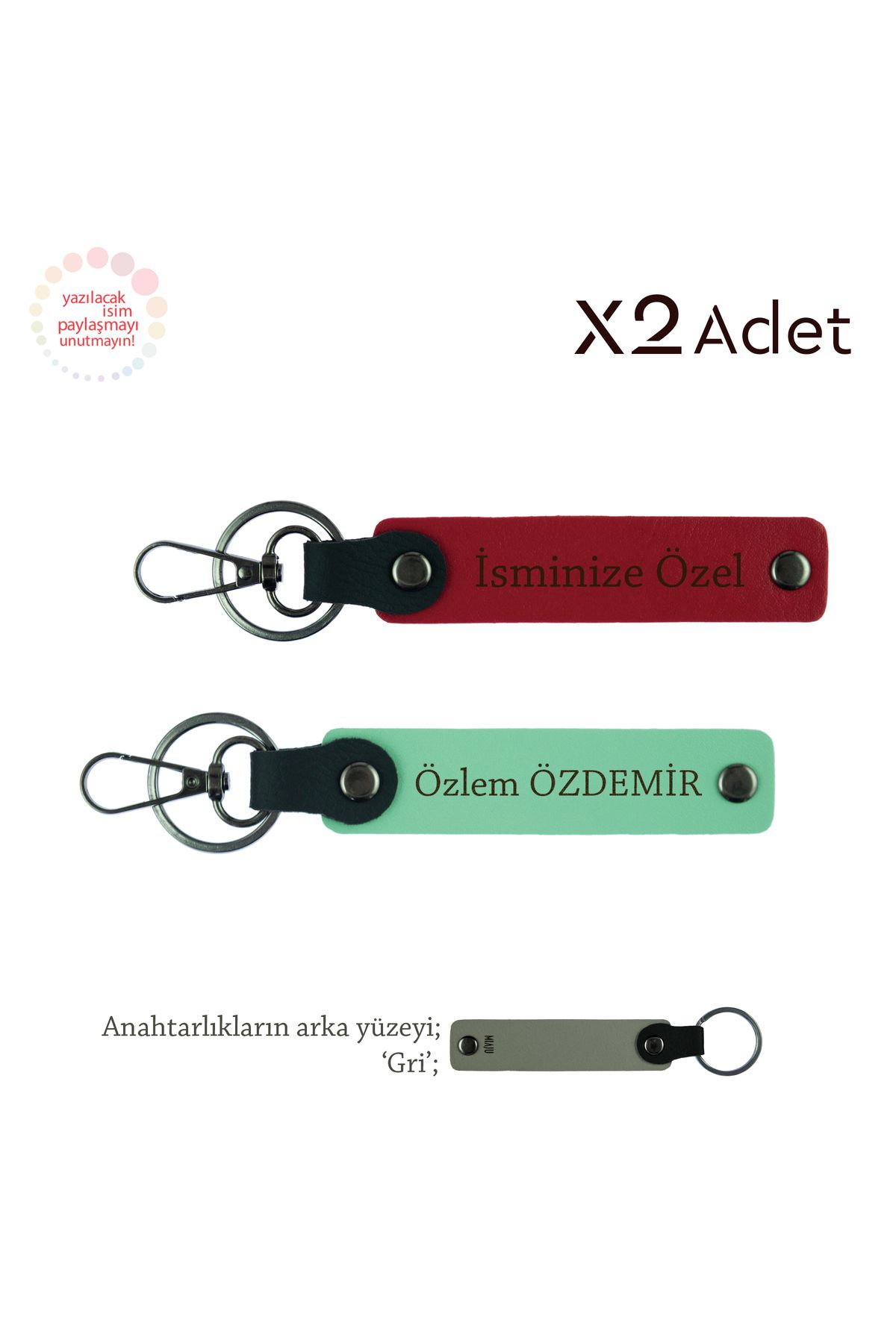 Miaju Öğrenciye Anlamlı Hediye, İsim & Soyisim Kişiselleştirilmiş 2’li Anahtarlık, Kırmızı-Yeşil-Gri
