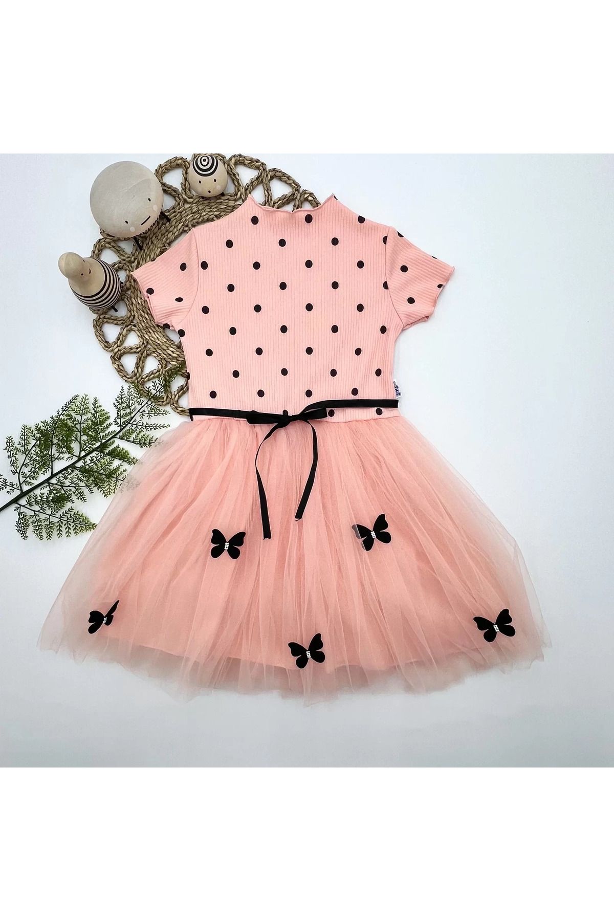 onlinebutik Puantiyeli Kelebek Etekli Astarlı Kız Çocuk Elbisesi Somon