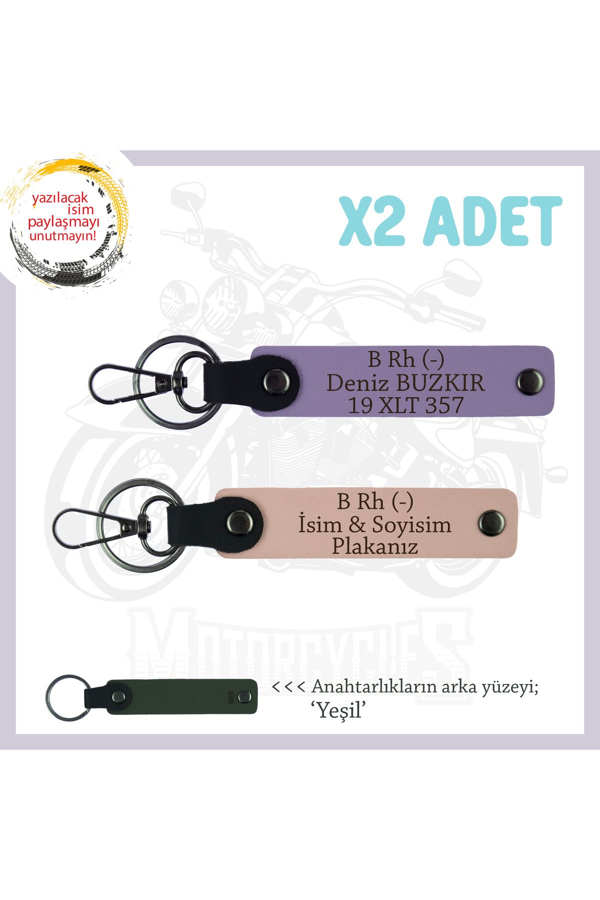 Miaju Motor Tutkunlarına Hediye İsim Plaka ve B Rh (-) Kan Grubu Yazılı x2 Anahtarlık, Yavruağzı-Mor-Ysl
