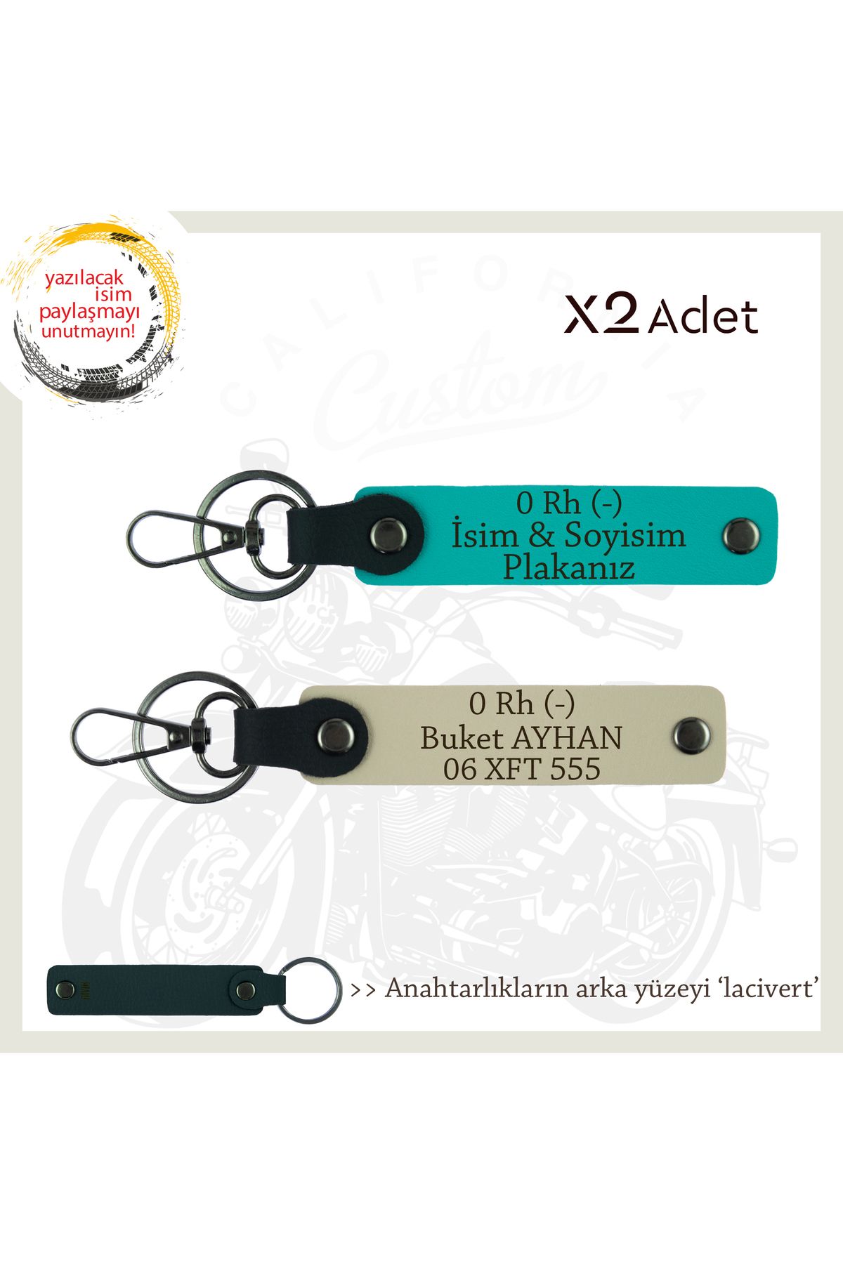 Miaju Motorcuya Tarz Hediye, İsim Plaka ve 0 Rh (-) Kan Grubu Yazılı x2 Anahtarlık, K Turkuaz-S Kahve-Laci