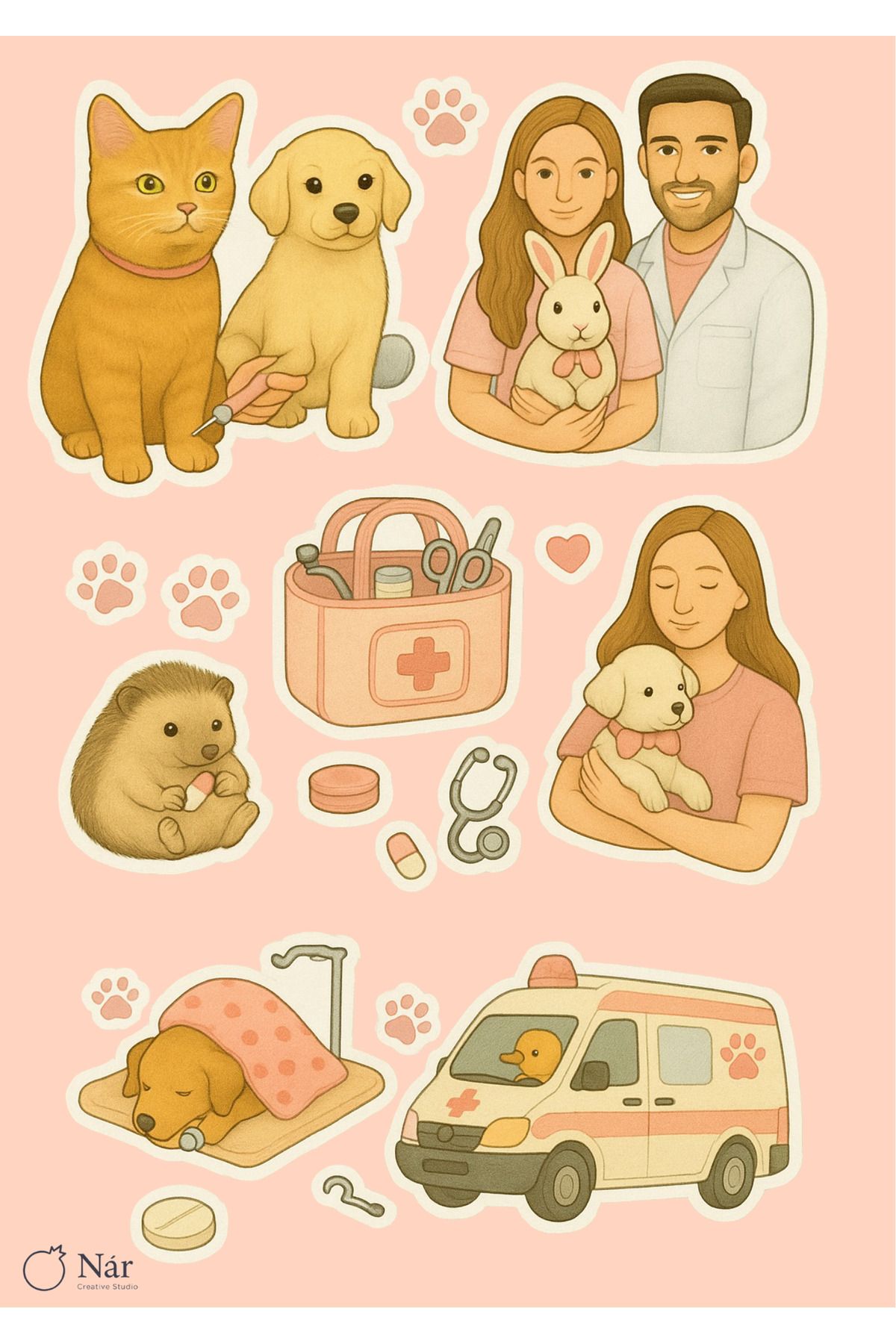 sticker Tatlı Veteriner Dünyası - Veterinerlik Temalı Çıkartmalar - 4 Sayfa