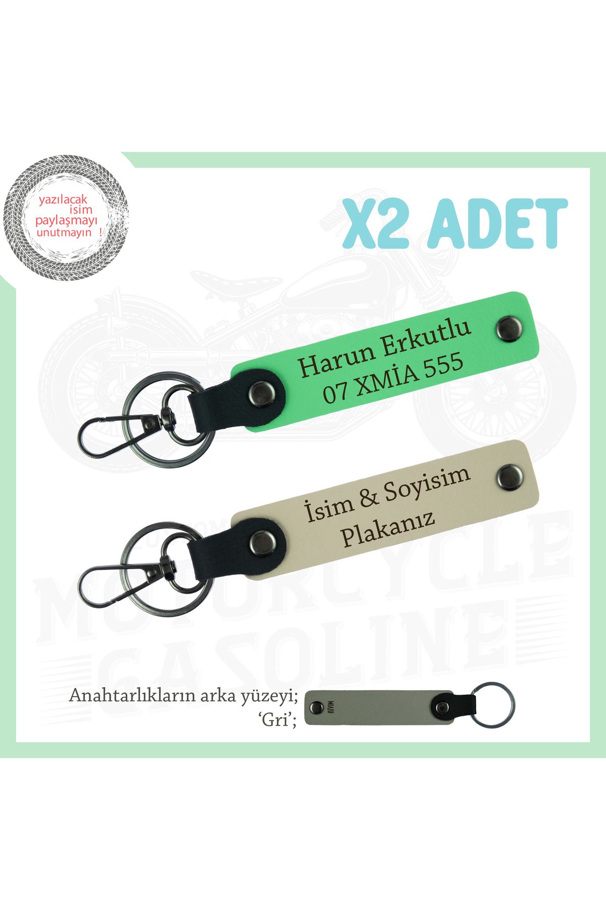 Miaju Ehliyetlilere Hediye Edilecek x2 Anahtarlık, Plaka ve İsimle Kişisel Dokunuş, Sütlü Kahve-F Yeşil-Gr
