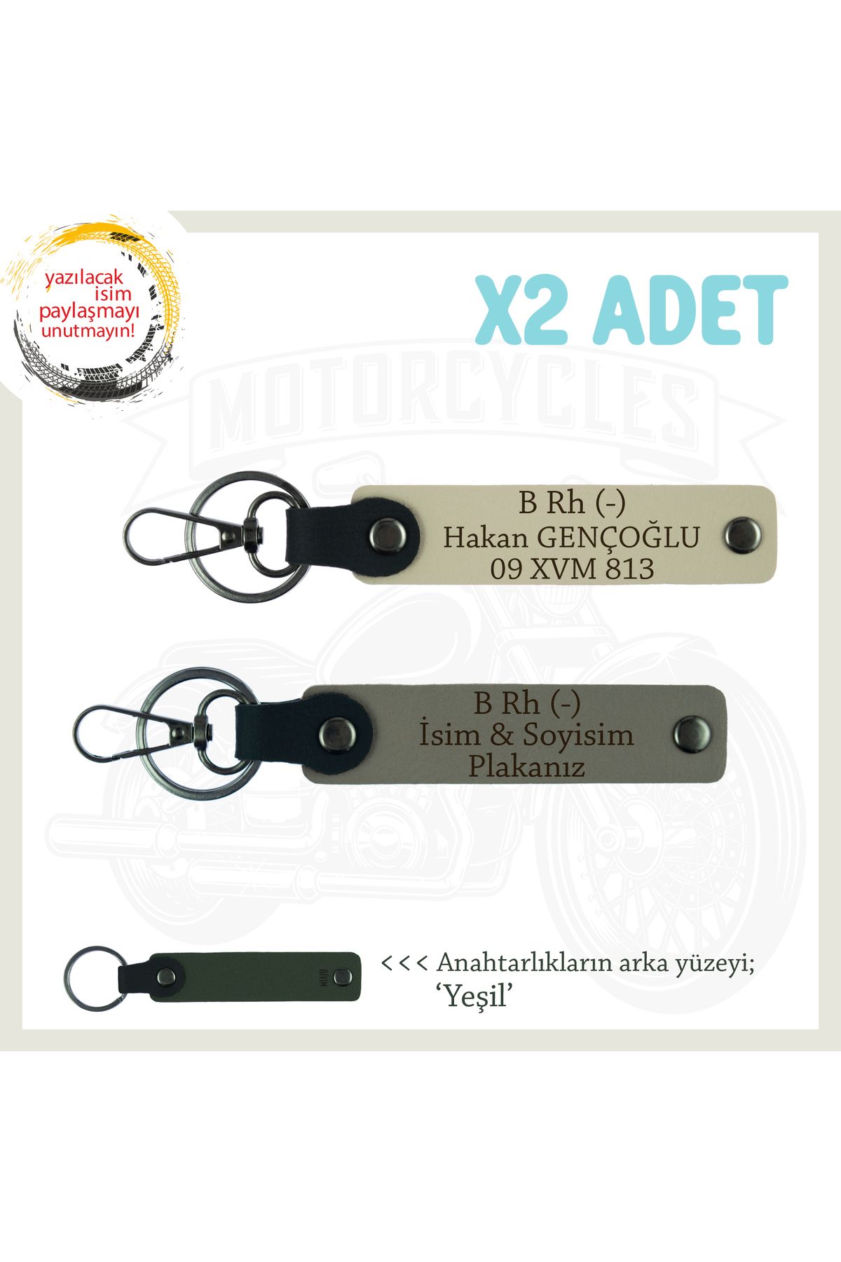 Miaju Motor Severlere Özel, İsim Plaka ve B Rh (-) Kan Grubu Yazılı x2 Anahtarlık Set, Kül Gri-S Kahve-Ysl