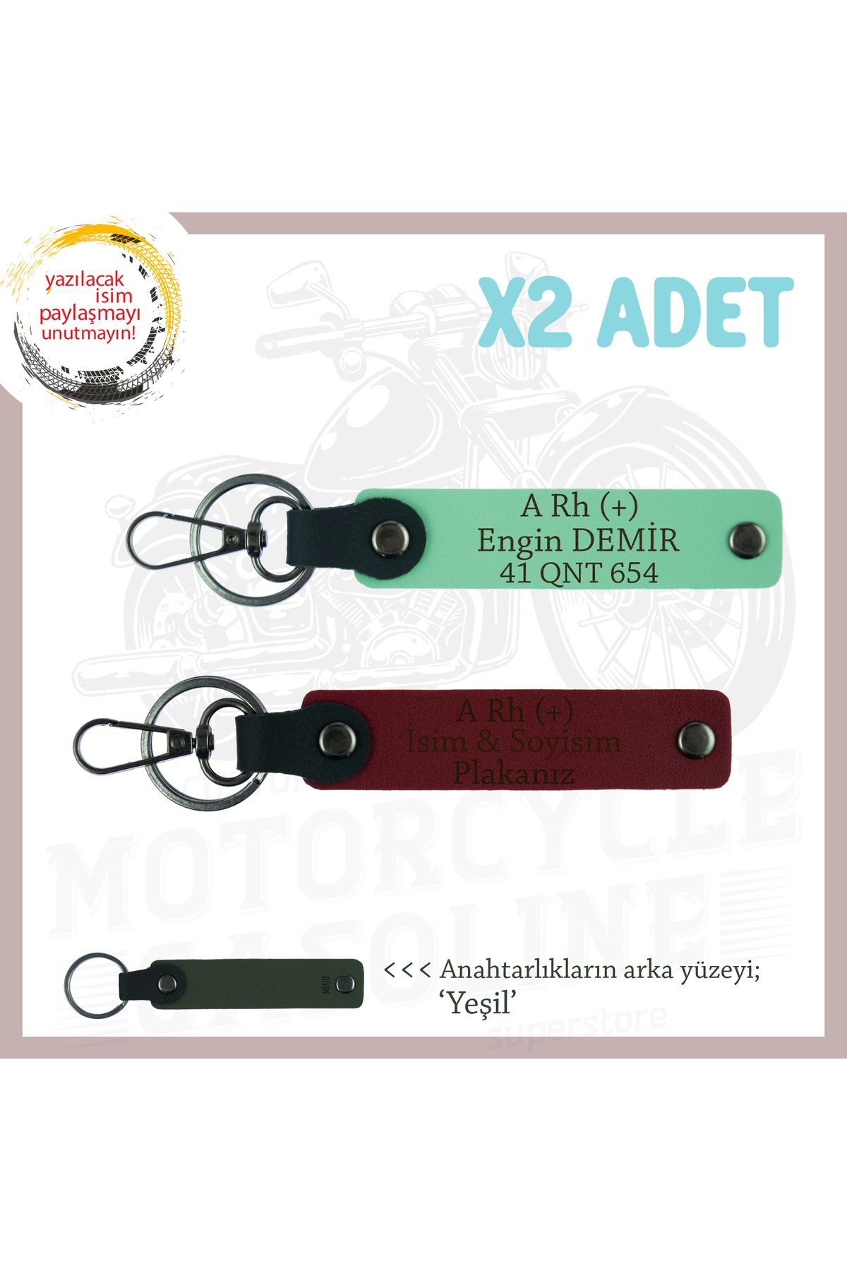 Miaju Motorcu Dostlara Özel, İsim Plaka ve A Rh (+) Kan Grubu Yazılı x2 Anahtarlık Set, Yeşil-Bordo-Ysl