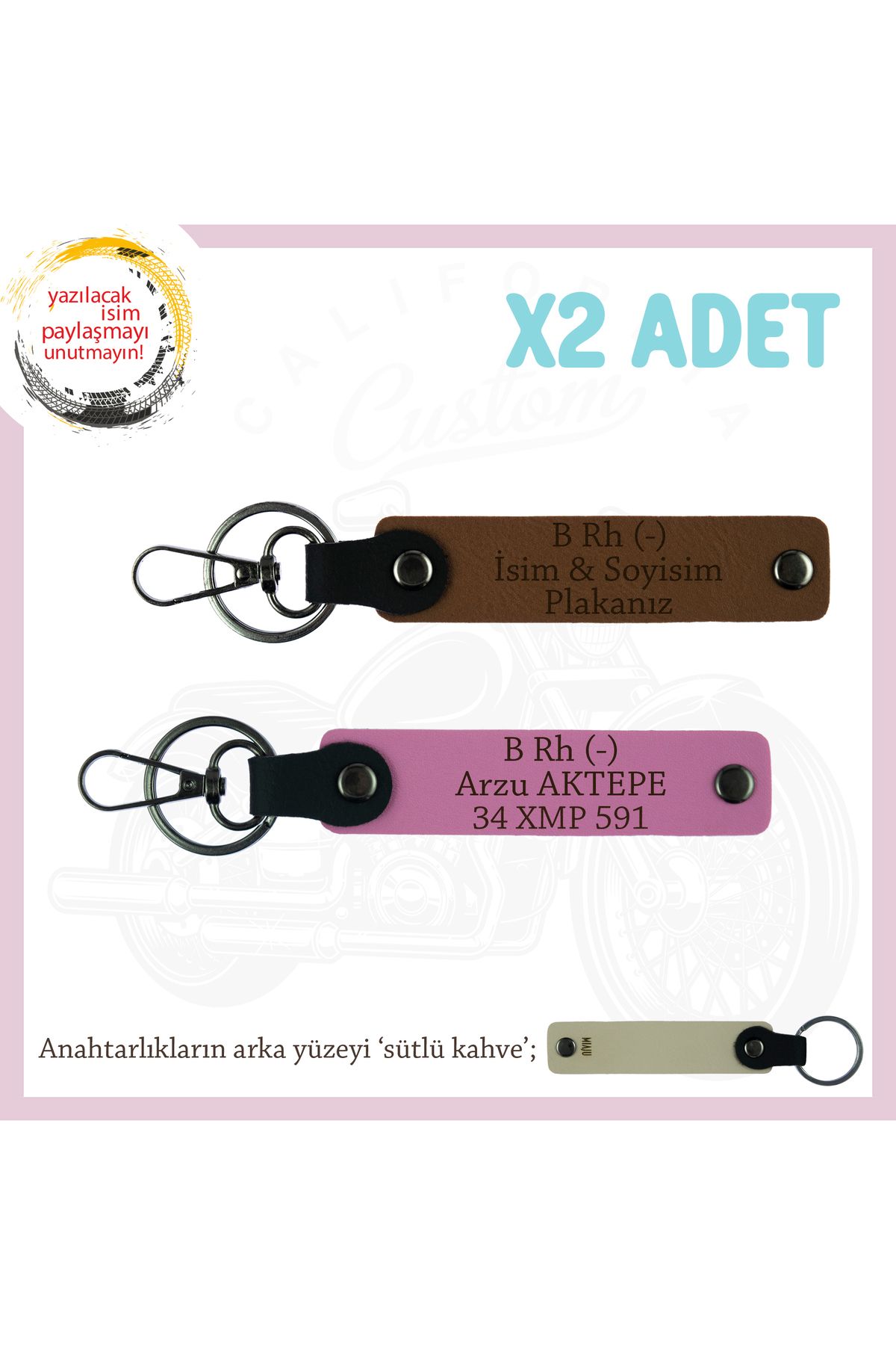 Miaju Motosiklet Aşıkları İçin, İsim Plaka ve B (-) Kan Grubu Yazılı Kişisel x2 Anahtarlık, Kahve-Pembe-SK