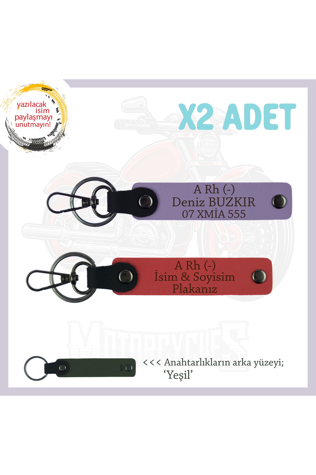 Miaju Motosiklet Maceracılarına, İsim Plaka ve A Rh (-) Kan Grubu, x2 Set Anahtarlık, Nar Çiçeği-Mor-Ysl