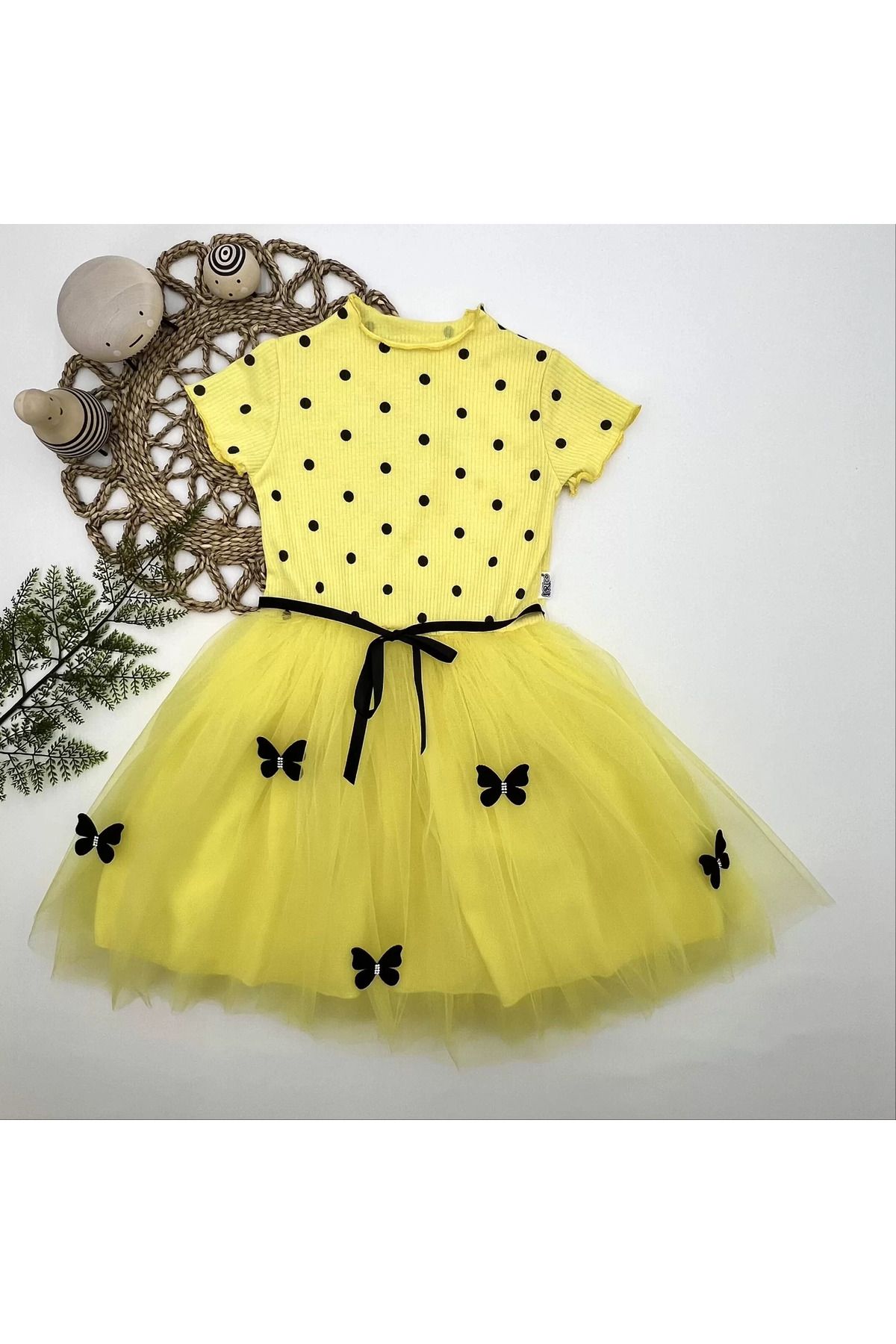 onlinebutik Puantiyeli Kelebek Etekli Astarlı Kız Çocuk Elbisesi Sarı