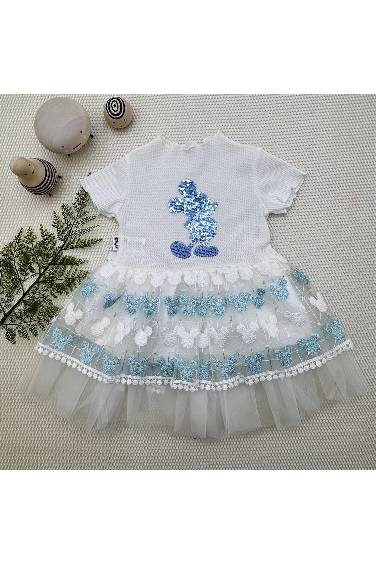 onlinebutik Petli Mickey Baskılı Brode Etekli Kız Bebek Elbisesi Turkuaz