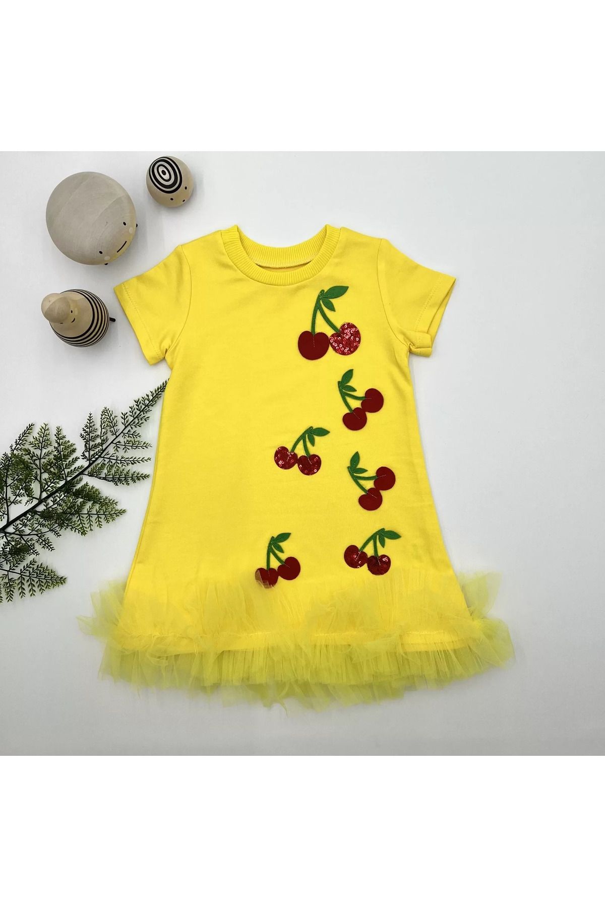 onlinebutik Petli Kiraz Nakışlı Eteği Fırfırlı Jile Kız Çocuk Elbisesi Sarı
