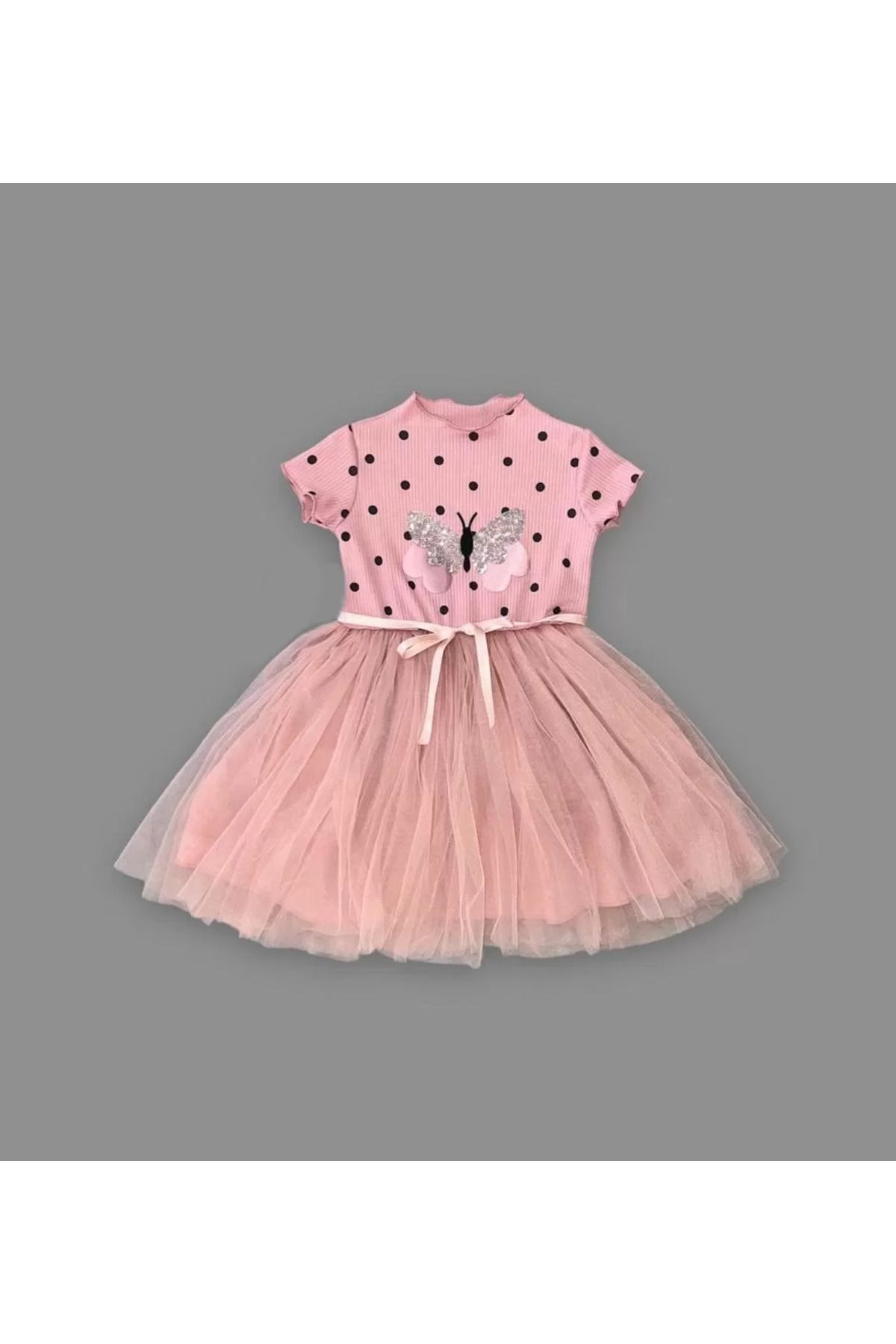 onlinebutik Payetli Kelebek Desenli Puantiyeli Kız Çocuk Elbisesi