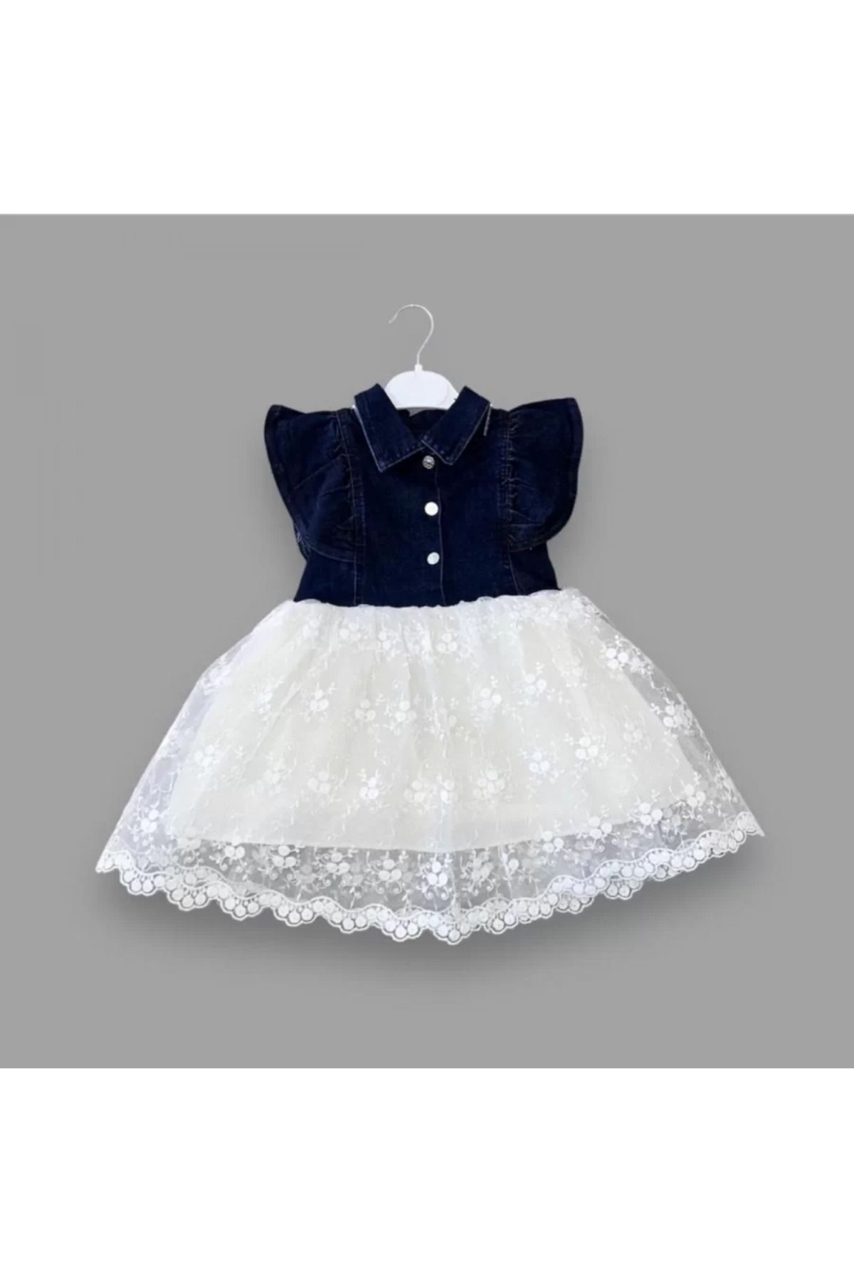 onlinebutik Astarlı Brode Etekli Kot Kumaş Düğmeli Kız Çocuk Elbisesi Lacivert