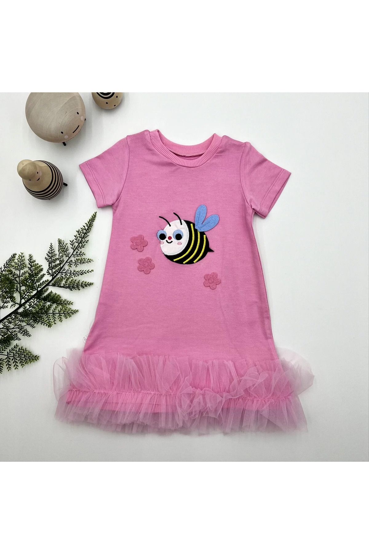 onlinebutik Arayıcık Nakışlı Eteği Fırfırlı Jile Kız Çocuk Elbisesi Pembe